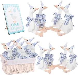 One Silly Goose 1st Birthday Decoration 8 Pack Blue Goose Family Soft Stuffed Animal Birthday Hat with Ribbon Goose Decorations for Kids Adults Wood Table Decor for Party Favor Home Gift