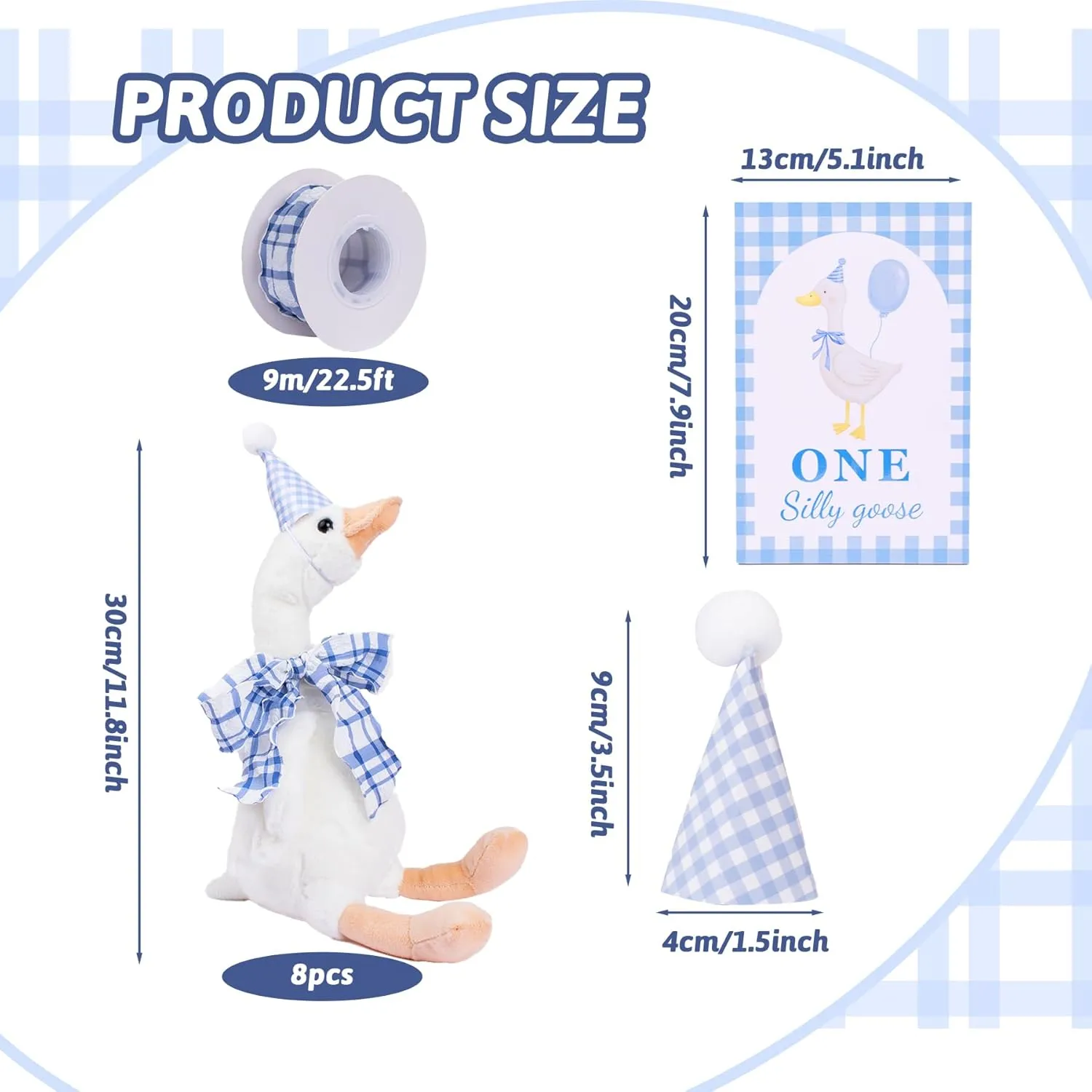 One Silly Goose 1st Birthday Decoration 8 Pack Blue Goose Family Soft Stuffed Animal Birthday Hat with Ribbon Goose Decorations for Kids Adults Wood Table Decor for Party Favor Home Gift
