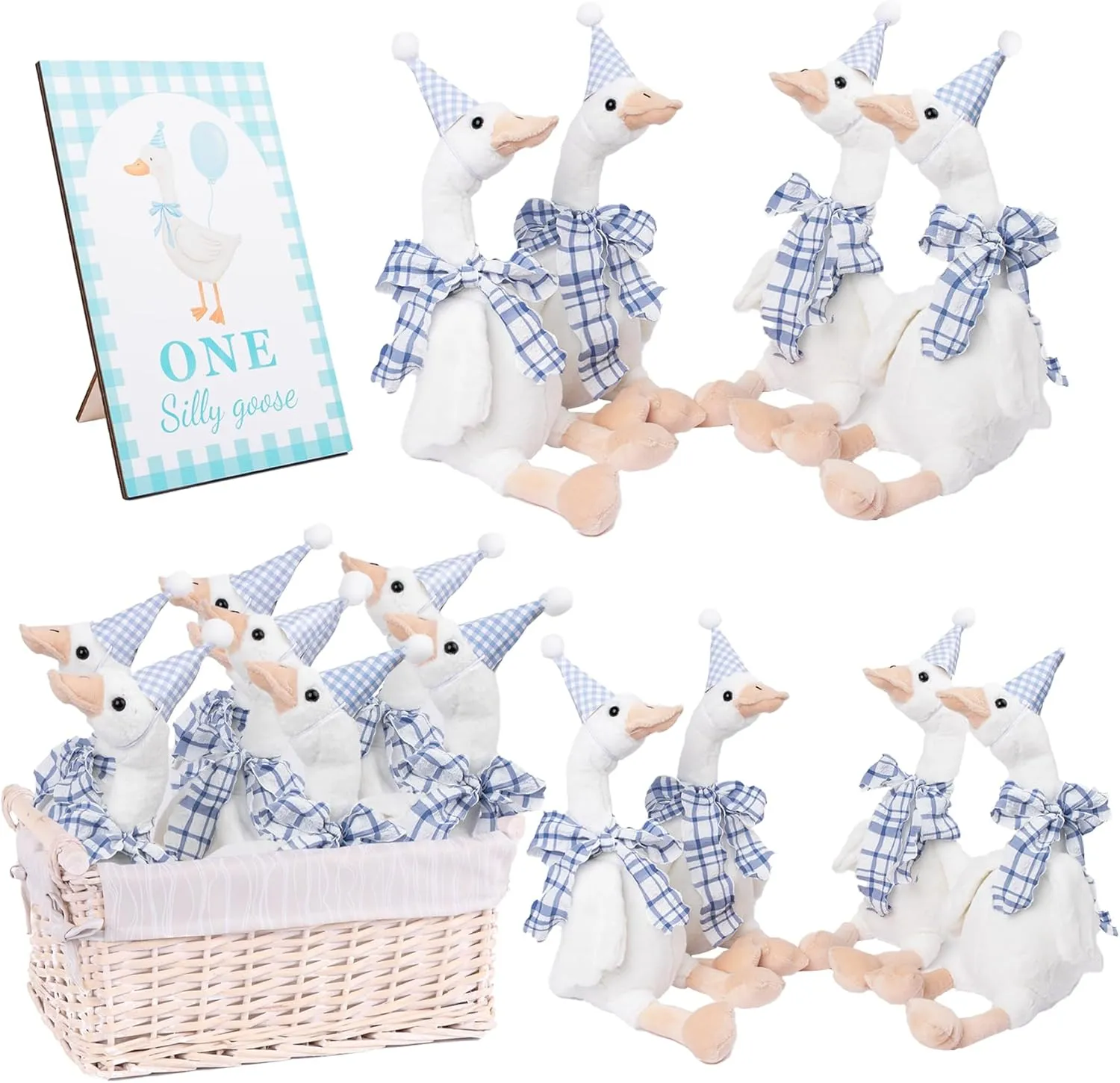 One Silly Goose 1st Birthday Decoration 8 Pack Blue Goose Family Soft Stuffed Animal Birthday Hat with Ribbon Goose Decorations for Kids Adults Wood Table Decor for Party Favor Home Gift