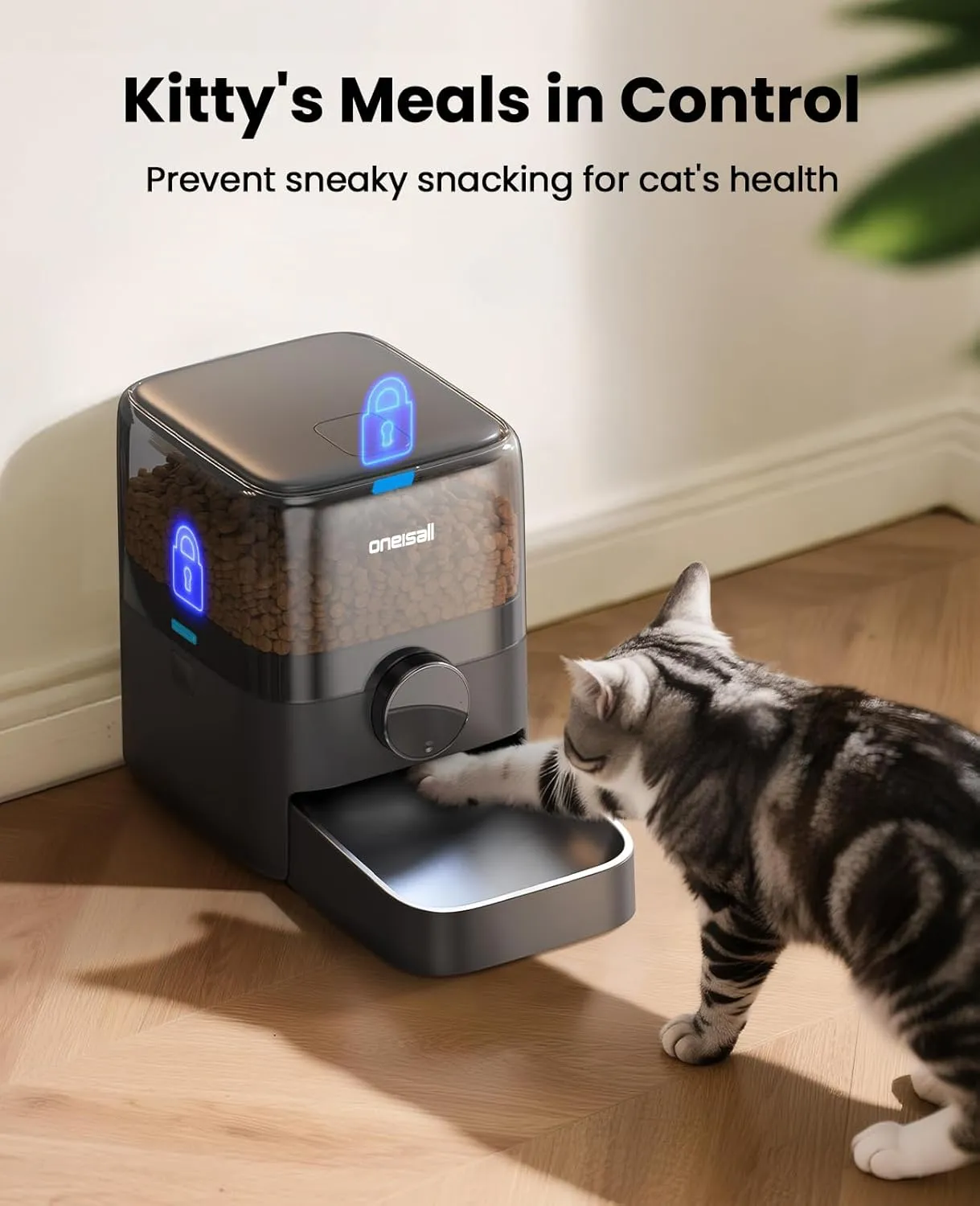 oneisall Automatic Cat Feeder, 12 Cups/3L Timed Cats Feeder for Large Cat Food, Small Portion Feeding, Programmable 1-6 Meals Per Day Dry Food Dispenser (Black)