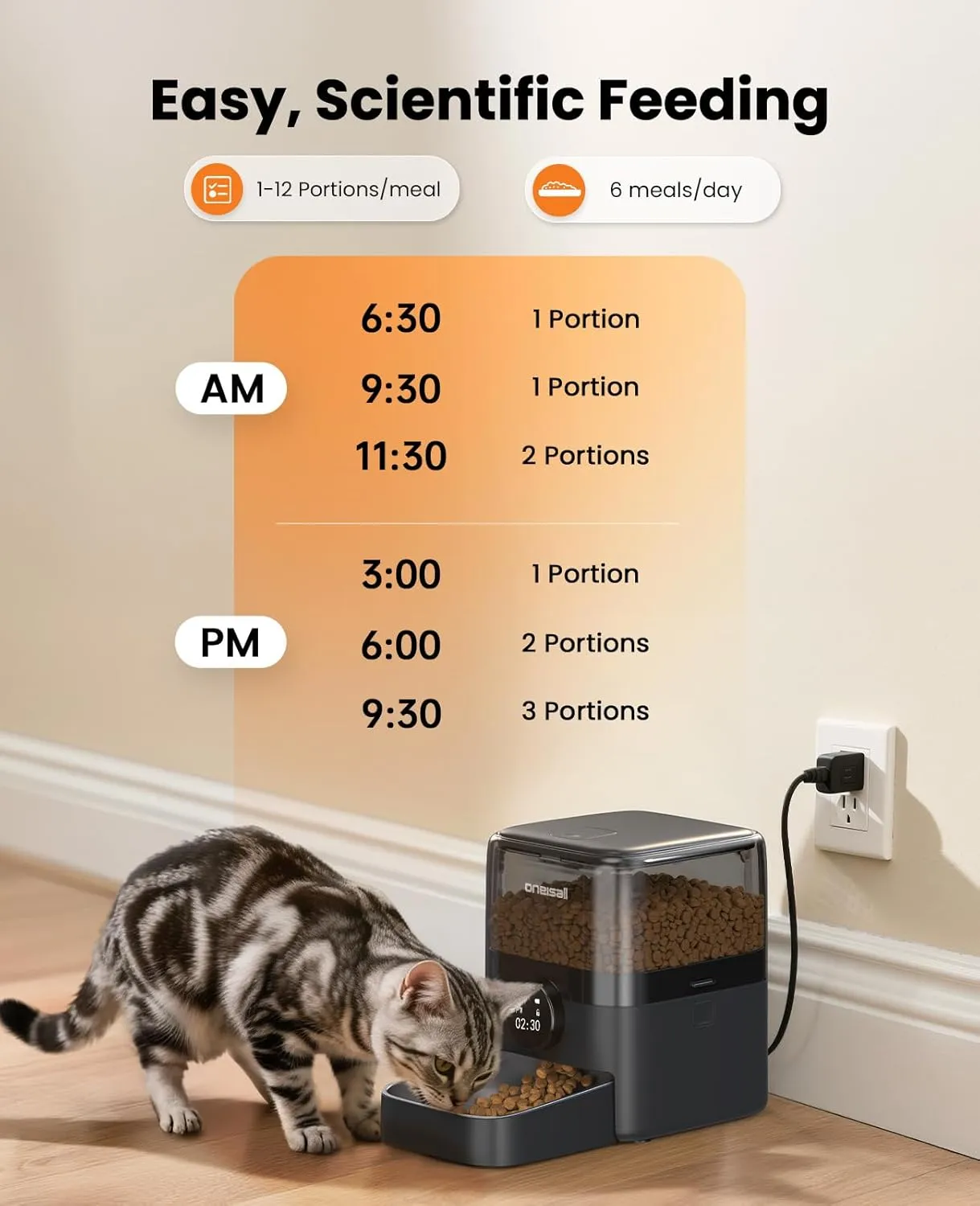 oneisall Automatic Cat Feeder, 12 Cups/3L Timed Cats Feeder for Large Cat Food, Small Portion Feeding, Programmable 1-6 Meals Per Day Dry Food Dispenser (Black)