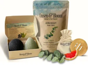 Onsen & Bloom Clarity Aromatherapy Bundle – 15 Shower Steamers with Konjac Sponge Set & Bamboo Tray – Energizing Shower Bombs with Eucalyptus, Grapefruit & Lemon Essential Oils