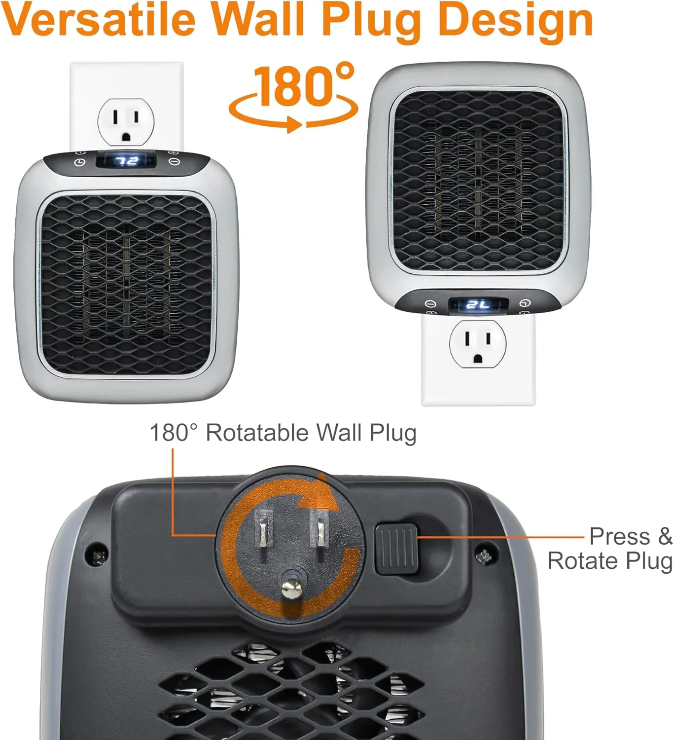 Ontel Handy Heater Turbo Wall Outlet Small Space Heater with Adjustable Thermostat, Programmable 12-Hour Timer, Auto Shut Off - Quiet, Space-Saving, Ceramic (Packaging May Vary)