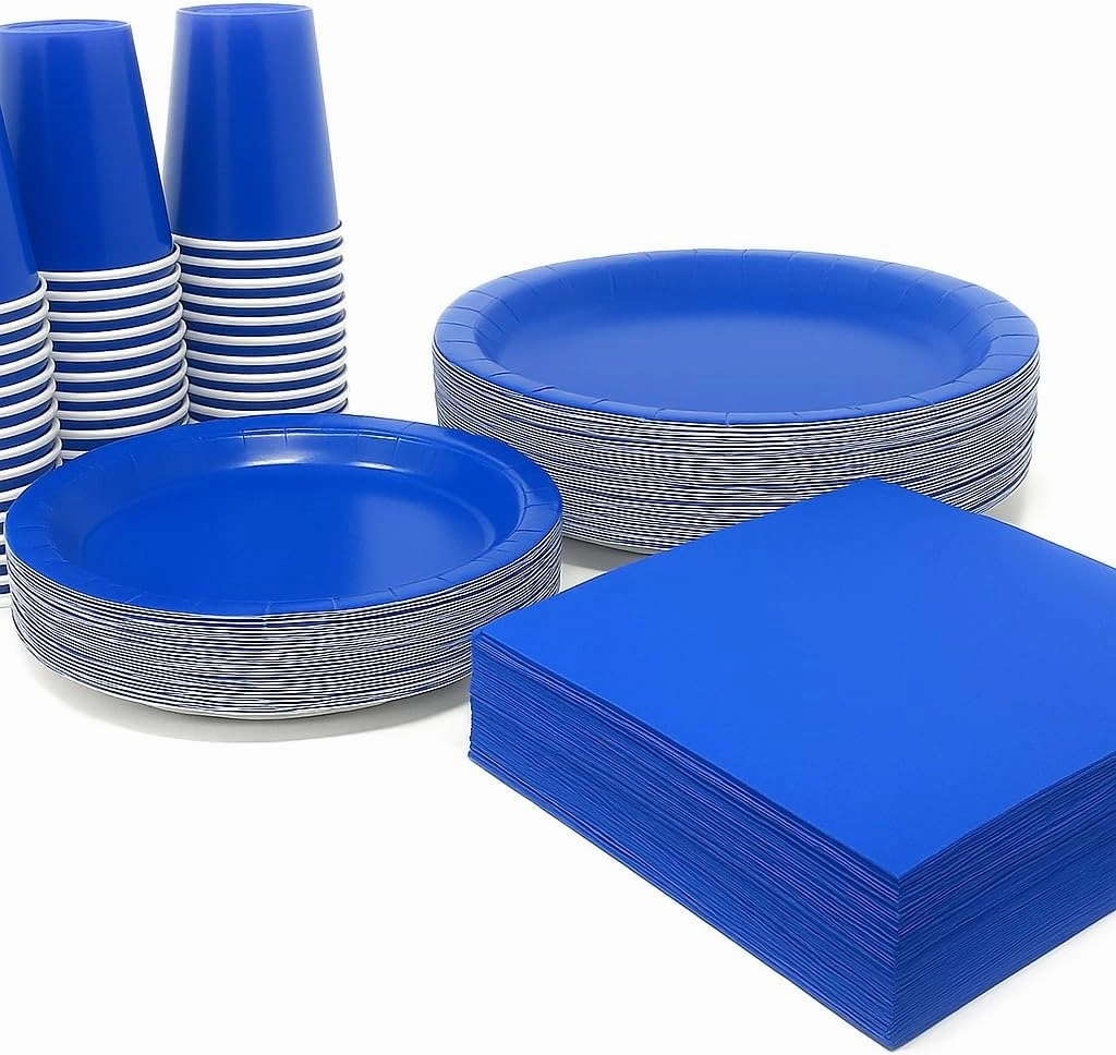 Oojami Blue Disposable Dinnerware Set 200 Pieces – Serves 50 Guests – 9” & 7” Plates, Cups, Napkins – Perfect for Parties, Birthdays, Corporate Events & Celebrations