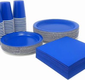 Oojami Blue Disposable Dinnerware Set 200 Pieces – Serves 50 Guests – 9” & 7” Plates, Cups, Napkins – Perfect for Parties, Birthdays, Corporate Events & Celebrations