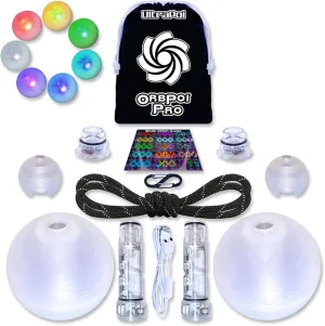 OrbPoi Pro Set - Orb Poi Pro w/LED UltraKnob Pro Handles - USB Rechargeable Contact LED Poi Balls w/40  Color Modes & Patterns - LED Poi Spinning Balls w/Soft Durable Cases - Flow Arts Toy, UltraPoi