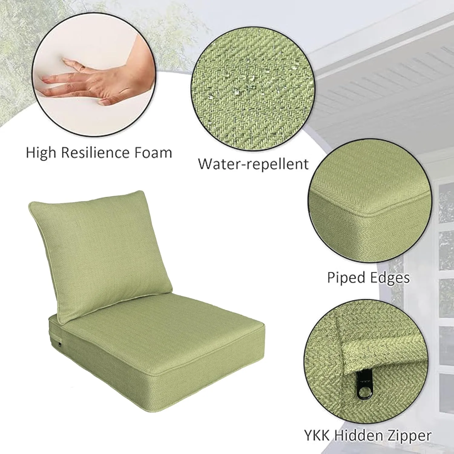 Outdoor/Indoor 22x24 inch Deep Seat Patio Cushions Set of 2 Resilient Foam Filling Water Repellent Stain-Resistant UV Resistant Weather Resistant Patio Cushions Grass Green Bamboo