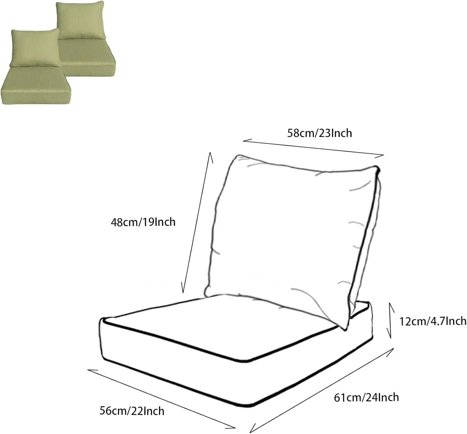 Outdoor/Indoor 22x24 inch Deep Seat Patio Cushions Set of 2 Resilient Foam Filling Water Repellent Stain-Resistant UV Resistant Weather Resistant Patio Cushions Grass Green Bamboo