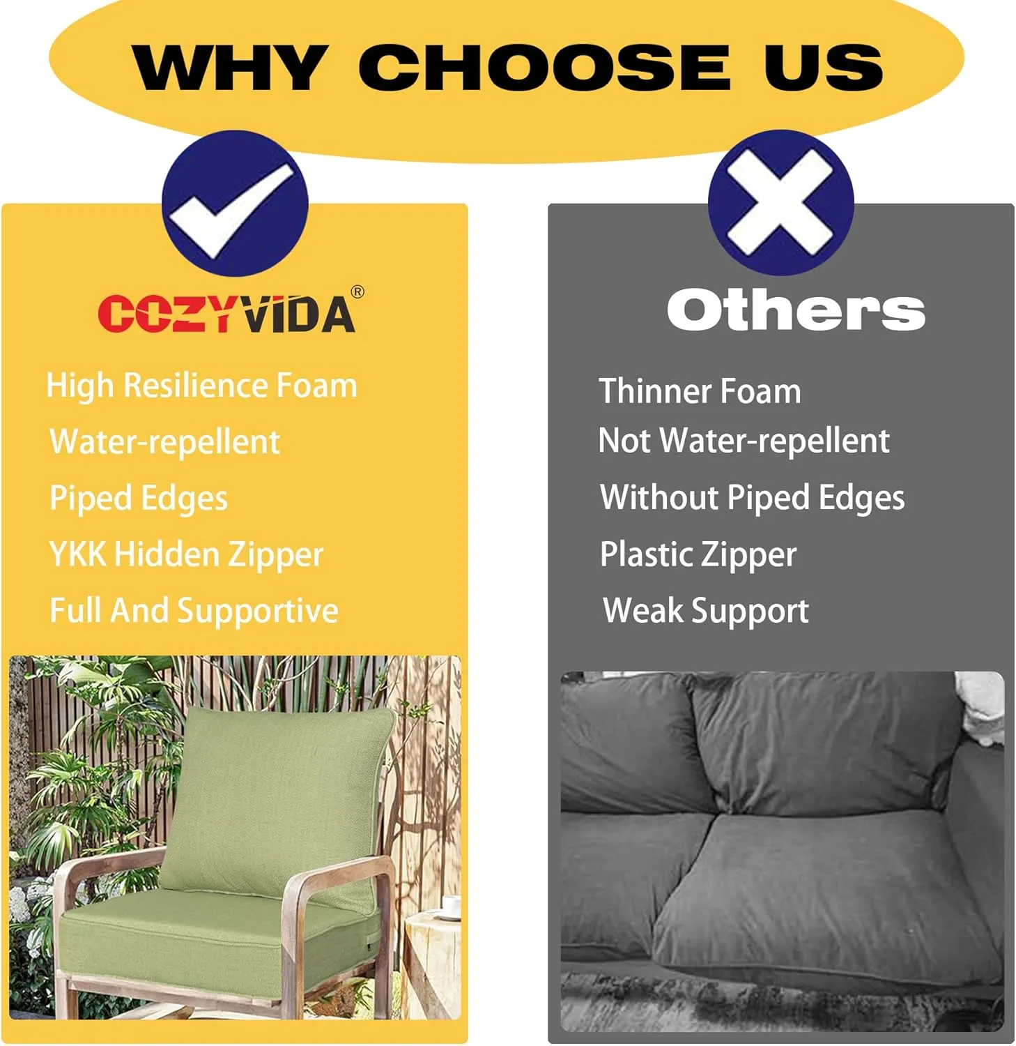Outdoor/Indoor 22x24 inch Deep Seat Patio Cushions Set of 2 Resilient Foam Filling Water Repellent Stain-Resistant UV Resistant Weather Resistant Patio Cushions Grass Green Bamboo
