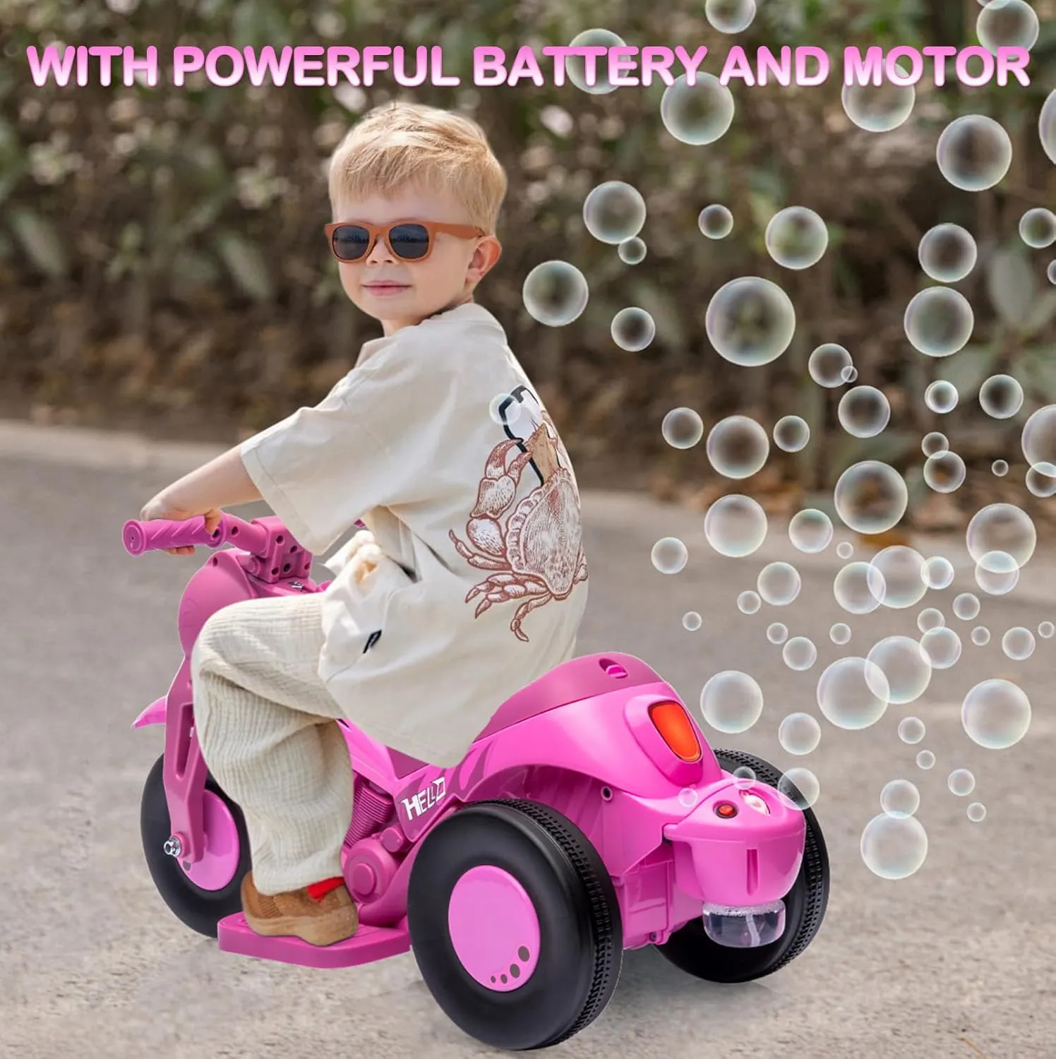 OUTLANE Ride On Bubble Motorcycle for Kids, 6V Battery Powered Electric Motorcycle with Bubble Maker, 3-Wheeler Ride On Toy Motorbike with Light and Music, Birthday Gift for Kids, Pink