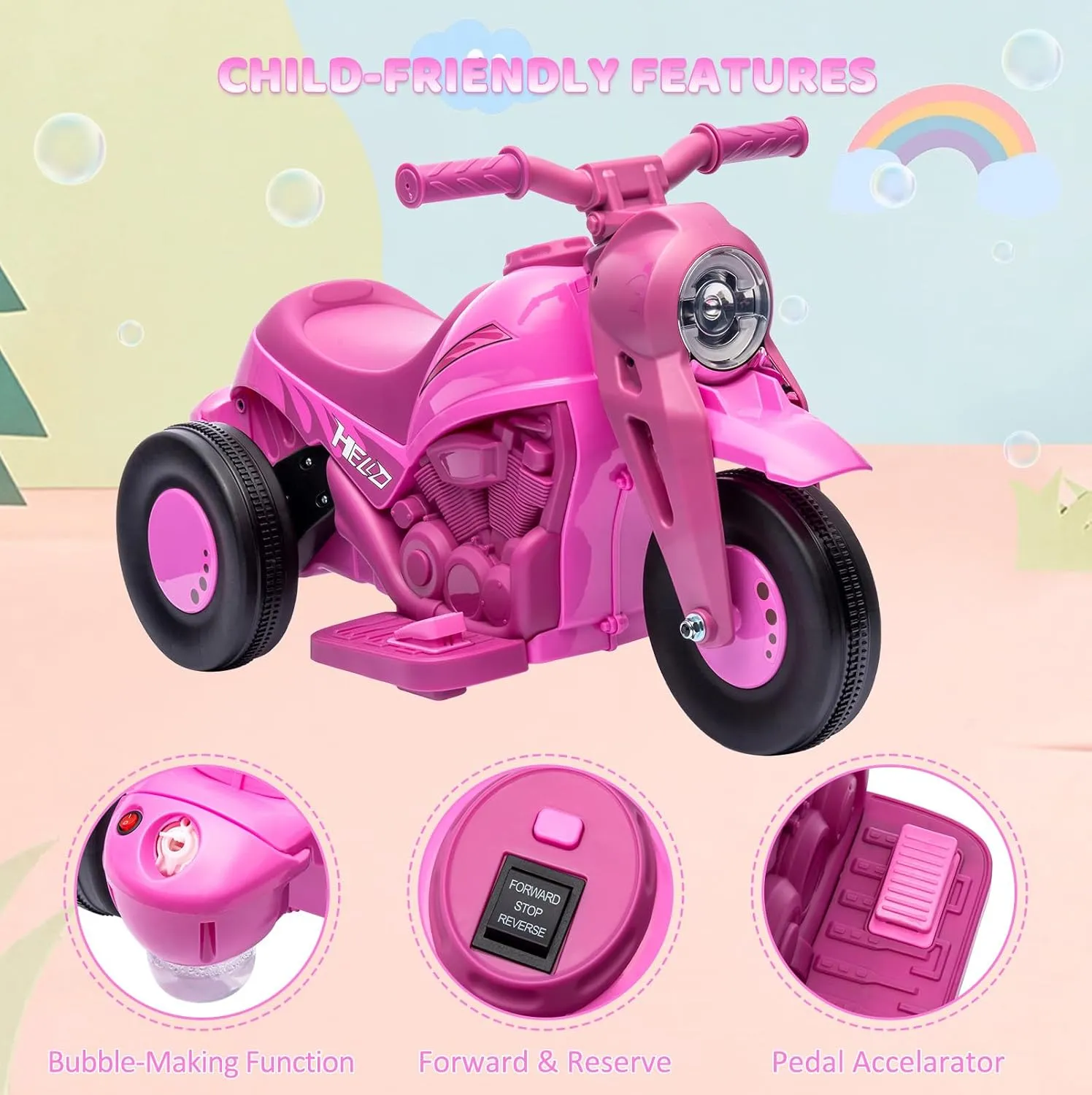 OUTLANE Ride On Bubble Motorcycle for Kids, 6V Battery Powered Electric Motorcycle with Bubble Maker, 3-Wheeler Ride On Toy Motorbike with Light and Music, Birthday Gift for Kids, Pink