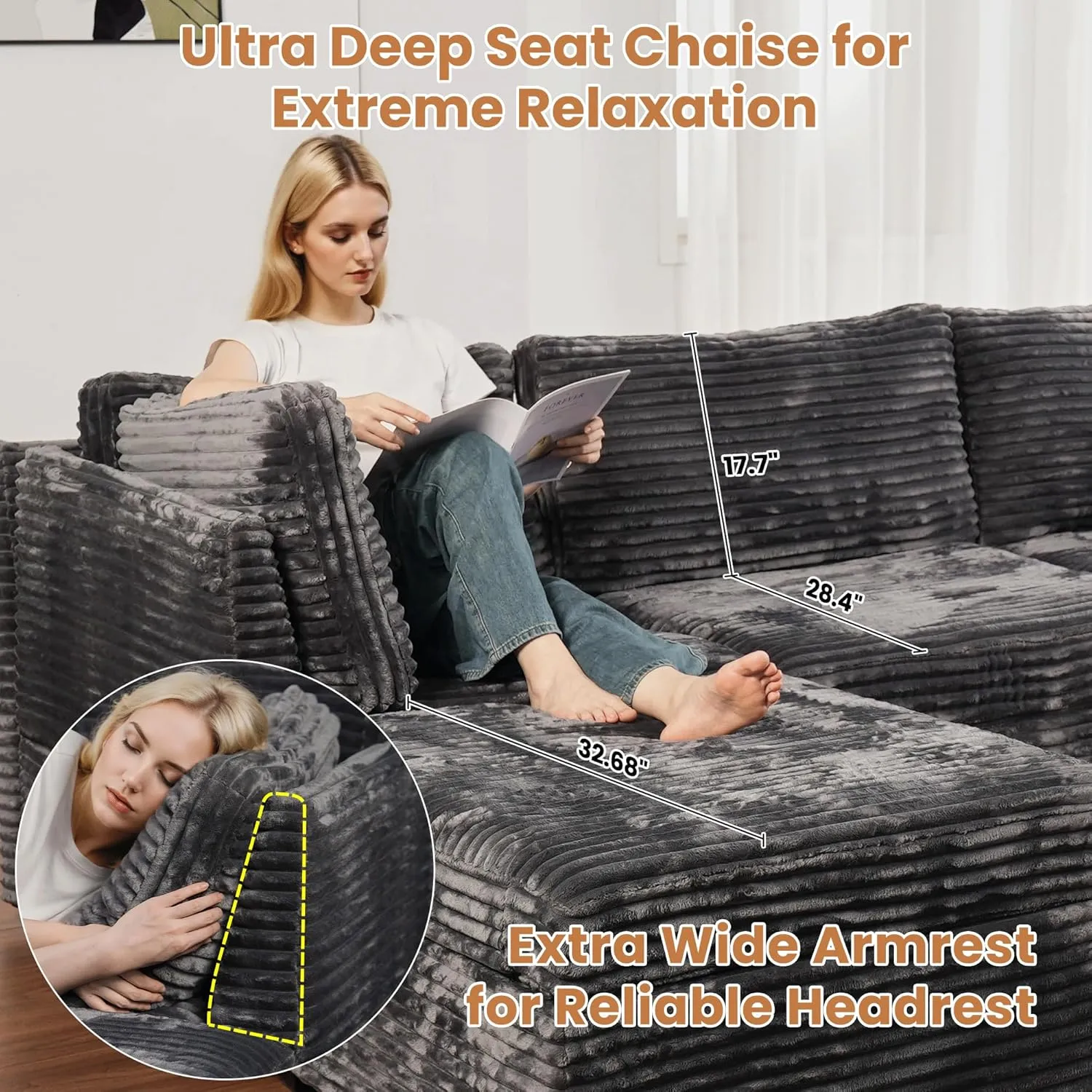 ovios 130.7" Modular Sectional Sofa Couch, U-Shaped Cloud Couches with Oversized Chaise, Modern Minimalist Deep Seat Plush Corduroy Sofas Set for Living Room, 7 Seater, Grey