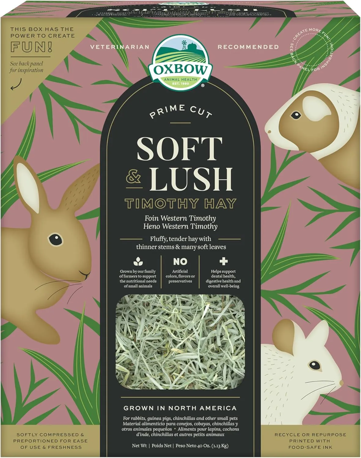 Oxbow Timothy Hay, Premium Food for Rabbits, Guinea Pigs, and Chinchillas, Prime Cut, High-Fiber Hay, Rabbit Dental Health (Soft & Lush, 40 oz)