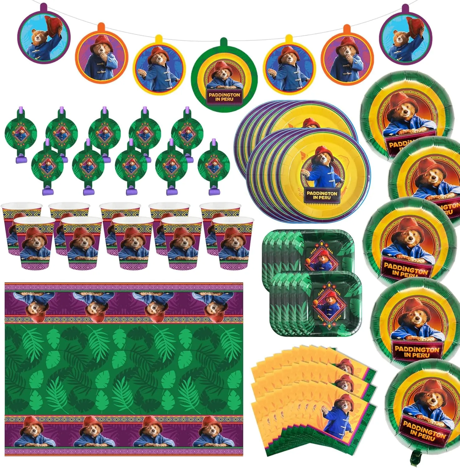Paddington Bear Party Supplies Set - Official Peru Movie Birthday Decorations Kit - Complete Party Pack with Plates, Napkins, Cups, Balloons, Banner, Tablecloth Serves 10