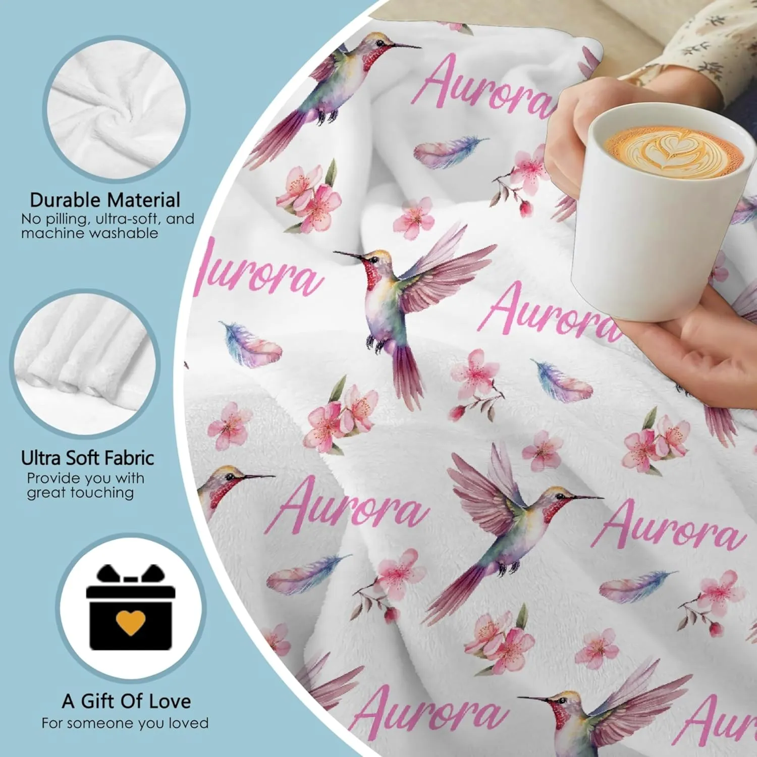 PANDASBLANKET Bird Personalized Custom Blanket with Name for Toddler Women Men Customized Name Blanket Gifts for Newborn Birthday Anniversary 60"x80"for Adults