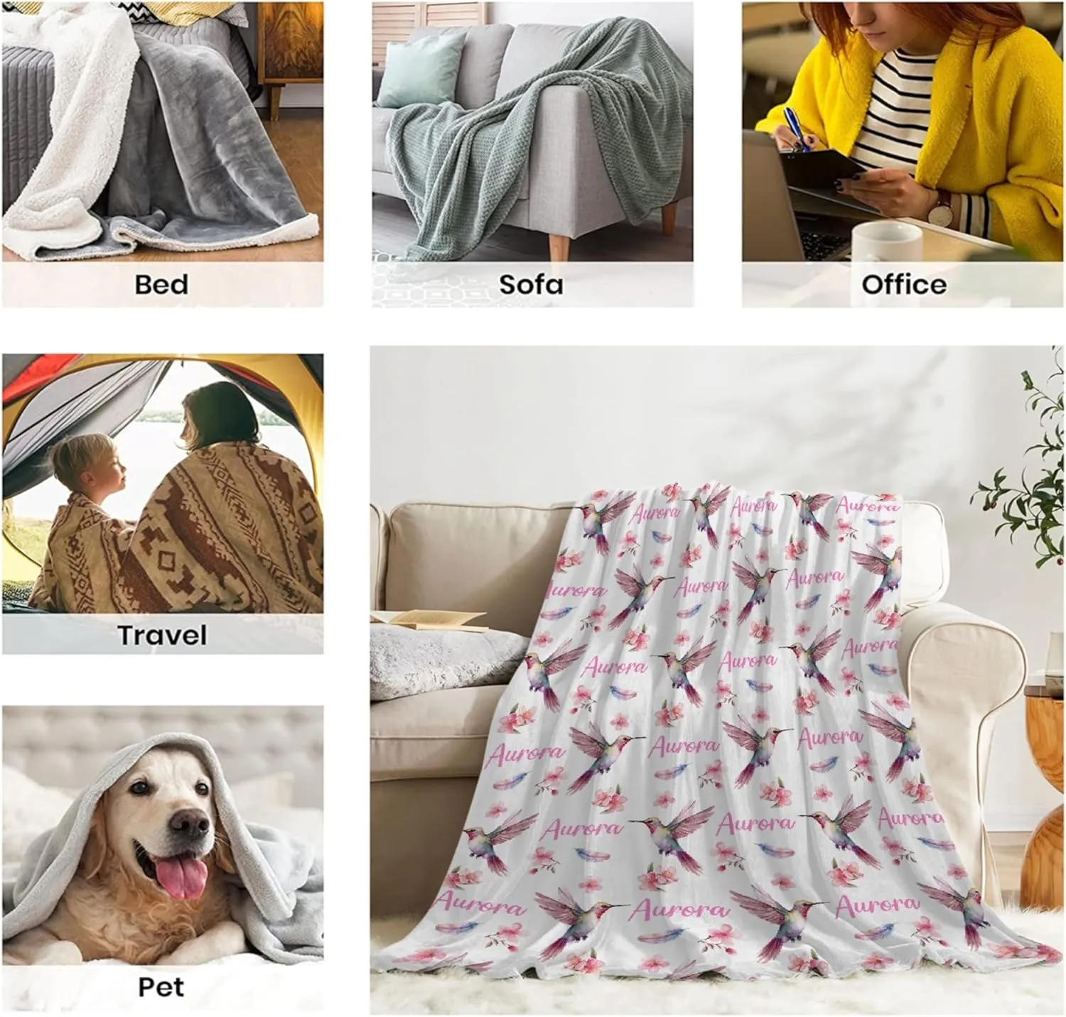 PANDASBLANKET Bird Personalized Custom Blanket with Name for Toddler Women Men Customized Name Blanket Gifts for Newborn Birthday Anniversary 60"x80"for Adults