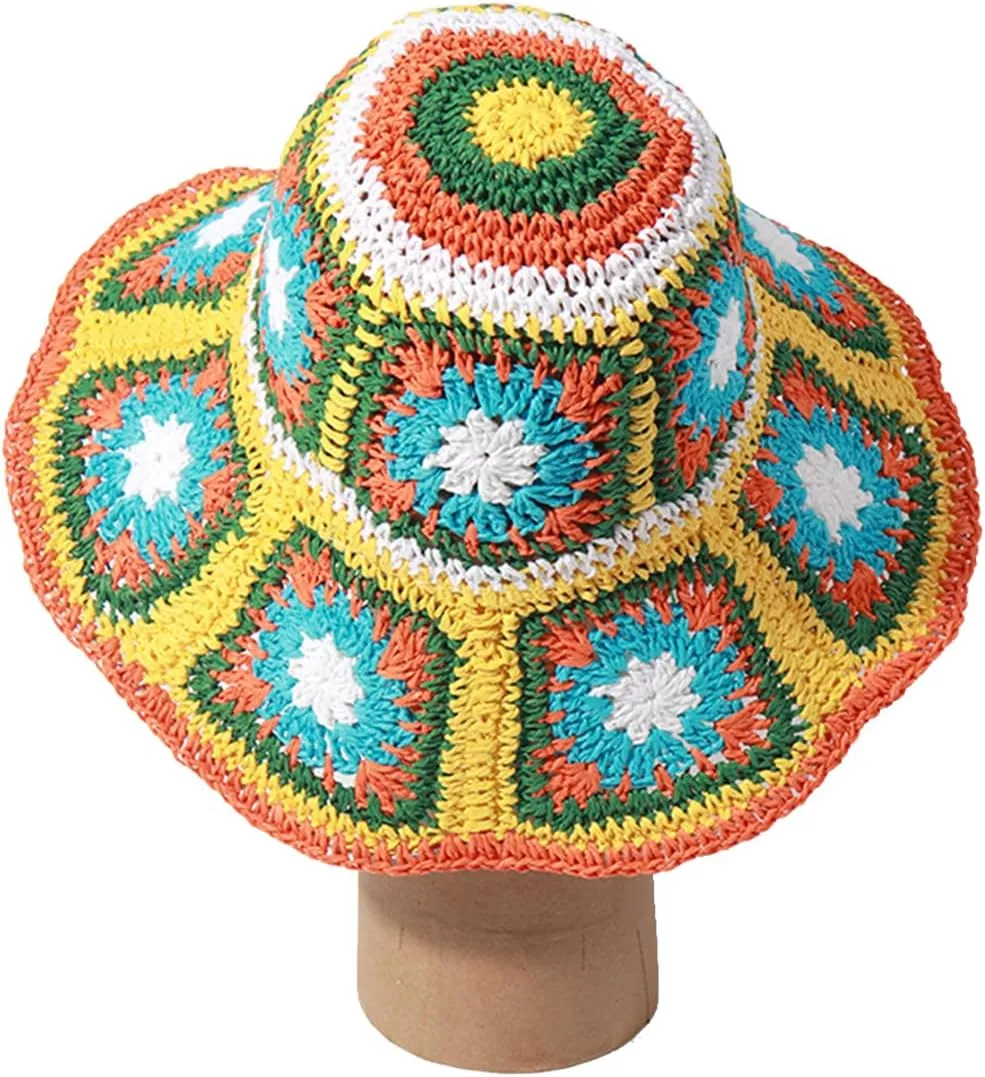 Papyrus Wide Brim Sun Hat with Bohemian Style for Women Foldable Beach Fishing Hat UV Protection Lightweight Straw Hat