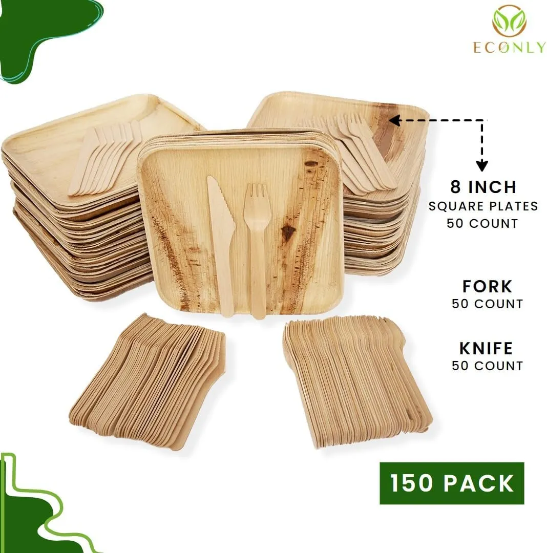 party pack of 150 | Eco-friendly Palm Leaf Plates with Cutlery | 50 Disposable 8" Square, 50 Wood Forks, 50 Knives Heavy Duty Biodegradable Utensils
