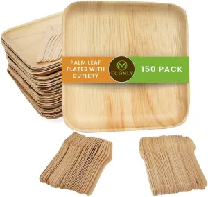 party pack of 150 | Eco-friendly Palm Leaf Plates with Cutlery | 50 Disposable 8" Square, 50 Wood Forks, 50 Knives Heavy Duty Biodegradable Utensils