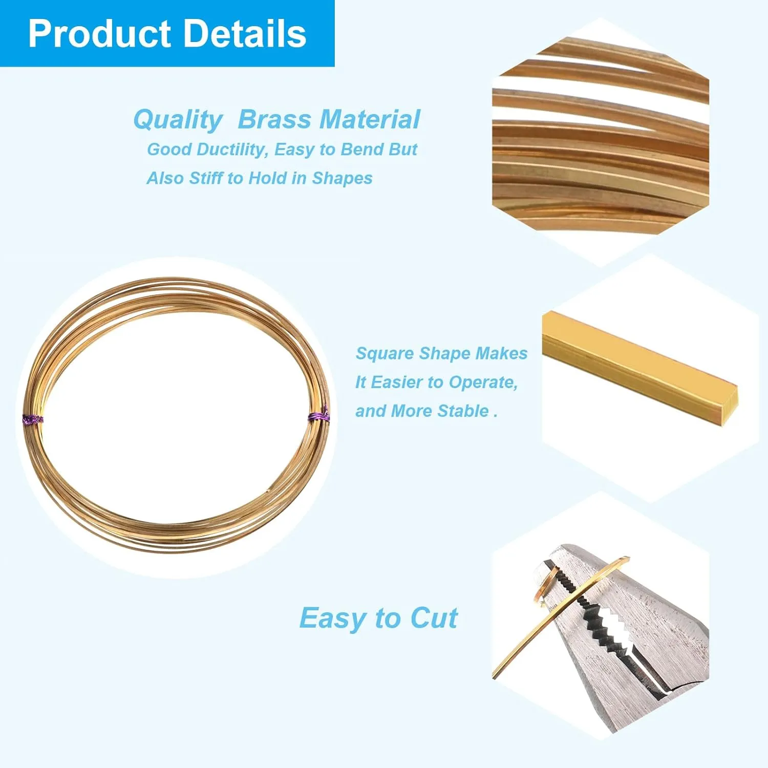 PATIKIL Half Hard Brass Wire, 1 Roll 15Ga/1.5x1.5mm 6m/19.69ft Bendable Square Craft Wire for Jewelry DIY Making Earring Beading Wrapping, Brass
