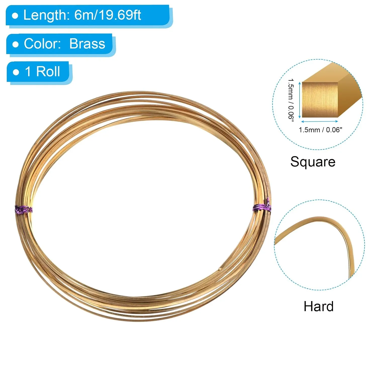 PATIKIL Half Hard Brass Wire, 1 Roll 15Ga/1.5x1.5mm 6m/19.69ft Bendable Square Craft Wire for Jewelry DIY Making Earring Beading Wrapping, Brass