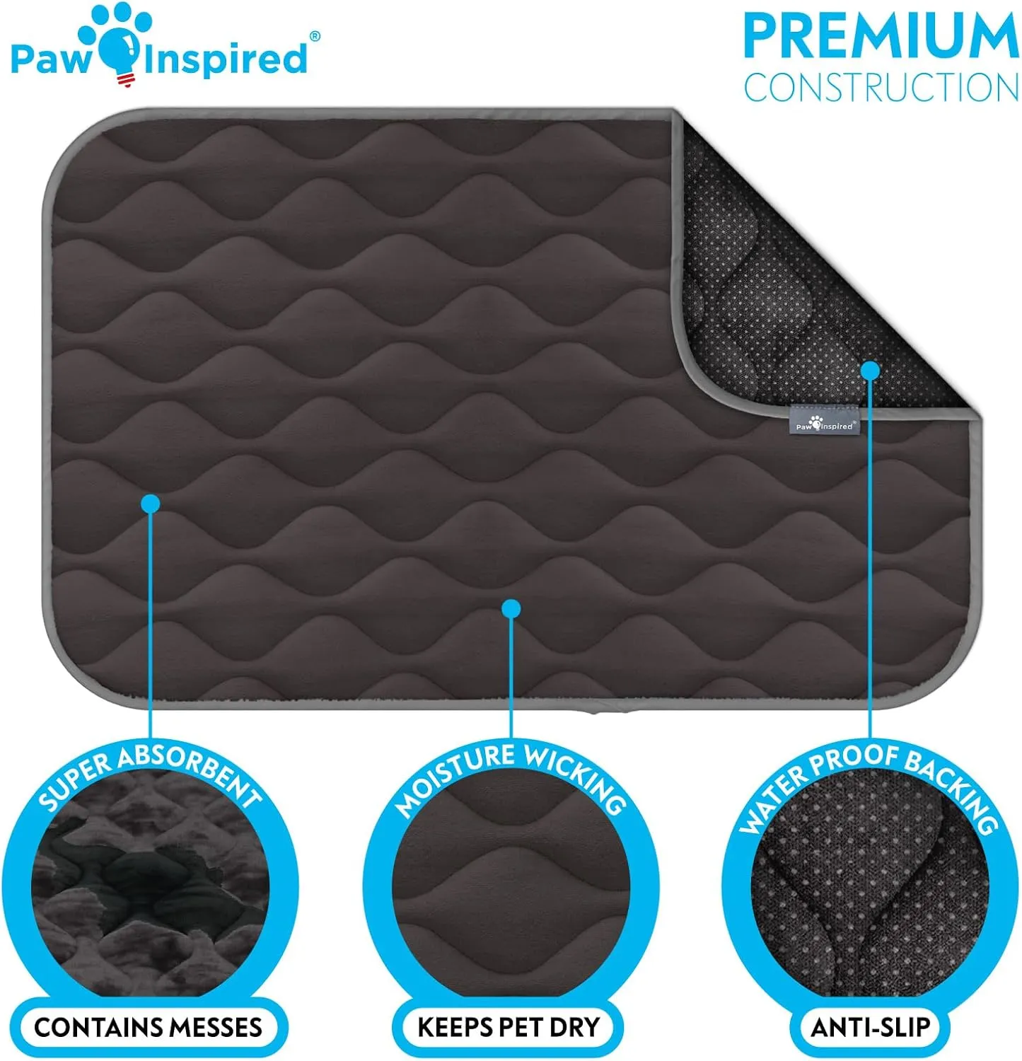 Paw Inspired Washable Padded Crate Mats for Dogs | 35” x 22” Pad, Fits 36-inch Kennels | Leakproof, Plush Pet Beds (Gray)