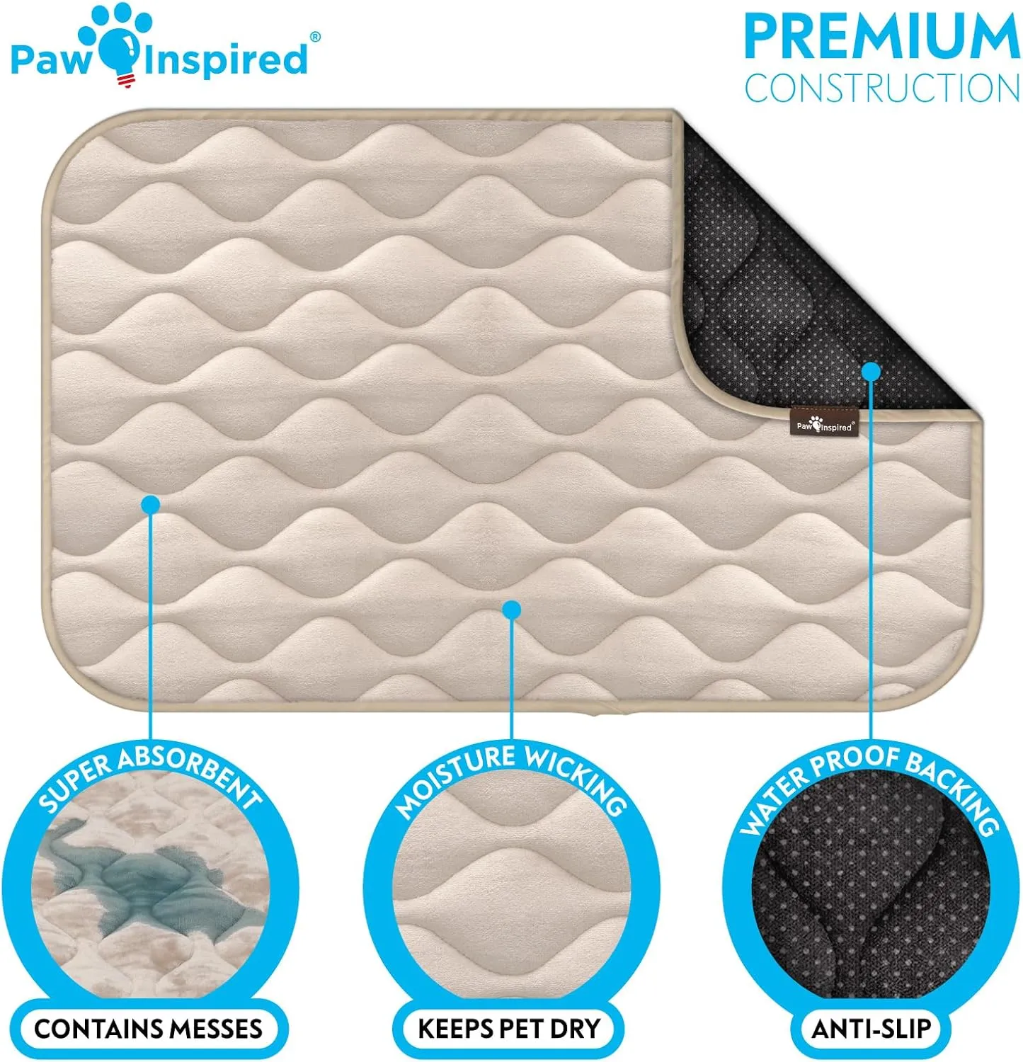Paw Inspired Washable Padded Crate Mats for Dogs | 35” x 22” Pad, Fits 36-inch Kennels | Leakproof, Waterproof Bottom, Plush Pet Beds (Tan)