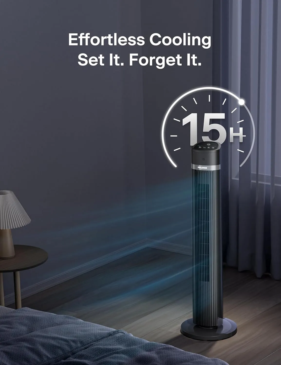 PELONIS 40 inch Bladeless Tower Fan for Bedroom, Standing Fan with Remote Control, 26ft/s, 90° Oscillation, 3 Speed Settings, 27 Db, 3 Modes, 15-Hour Timer, LED Display, Fan that Blows Cold Air, Grey