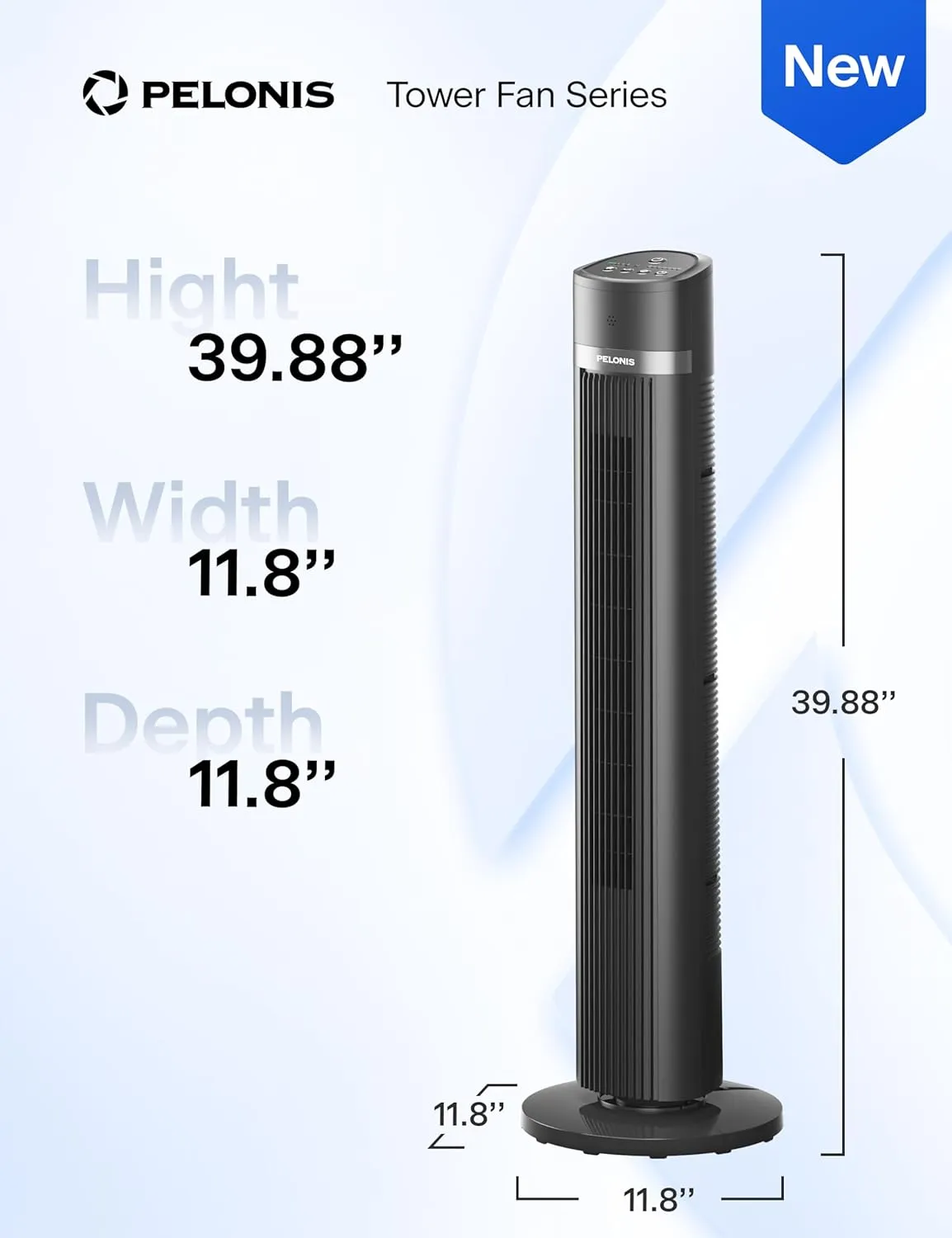 PELONIS 40 inch Bladeless Tower Fan for Bedroom, Standing Fan with Remote Control, 26ft/s, 90° Oscillation, 3 Speed Settings, 27 Db, 3 Modes, 15-Hour Timer, LED Display, Fan that Blows Cold Air, Grey