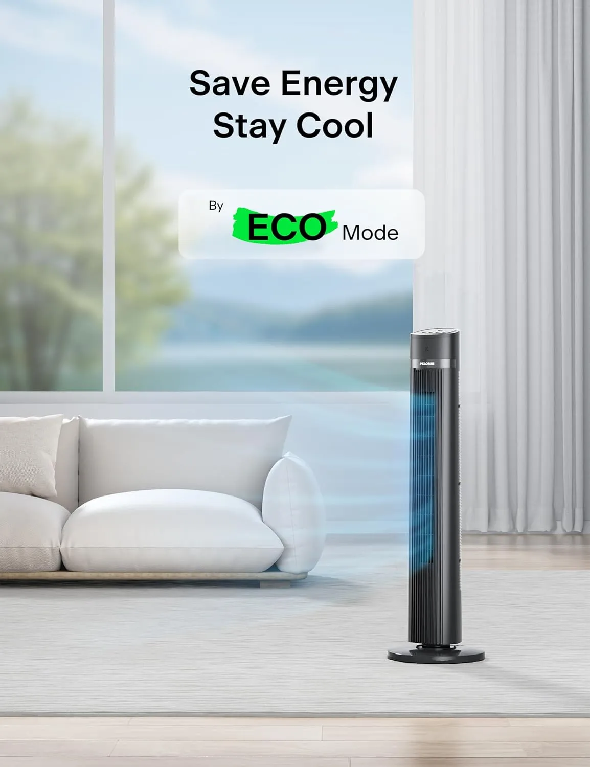 PELONIS 40 inch Bladeless Tower Fan for Bedroom, Standing Fan with Remote Control, 26ft/s, 90° Oscillation, 3 Speed Settings, 27 Db, 3 Modes, 15-Hour Timer, LED Display, Fan that Blows Cold Air, Grey
