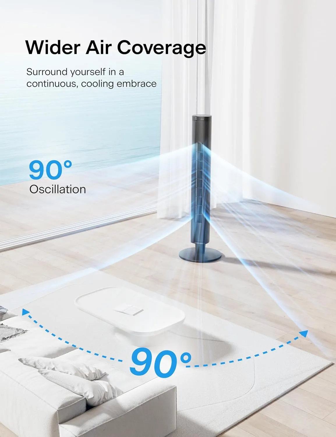 PELONIS 42-Inch Tower Fan for Bedroom – 26ft/s, 90° Oscillating Tower Fan with Remote Control, LED Display – Floor Fan for Indoors with 6 Speeds, 4 Modes and 24-Hour Timer – ETL Certified