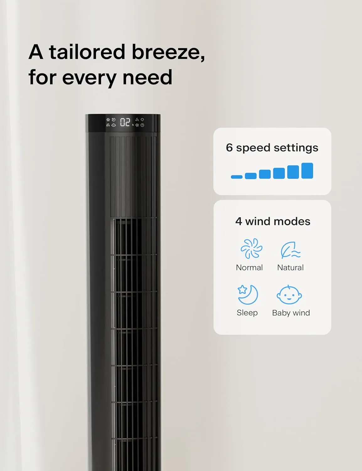 PELONIS 42-Inch Tower Fan for Bedroom – 26ft/s, 90° Oscillating Tower Fan with Remote Control, LED Display – Floor Fan for Indoors with 6 Speeds, 4 Modes and 24-Hour Timer – ETL Certified