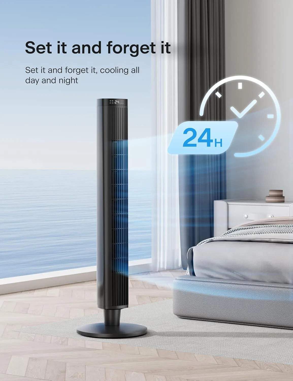 PELONIS 42-Inch Tower Fan for Bedroom – 26ft/s, 90° Oscillating Tower Fan with Remote Control, LED Display – Floor Fan for Indoors with 6 Speeds, 4 Modes and 24-Hour Timer – ETL Certified