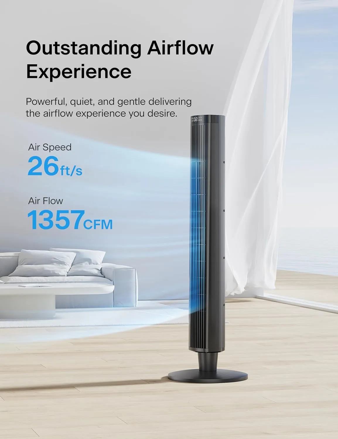 PELONIS 42-Inch Tower Fan for Bedroom – 26ft/s, 90° Oscillating Tower Fan with Remote Control, LED Display – Floor Fan for Indoors with 6 Speeds, 4 Modes and 24-Hour Timer – ETL Certified