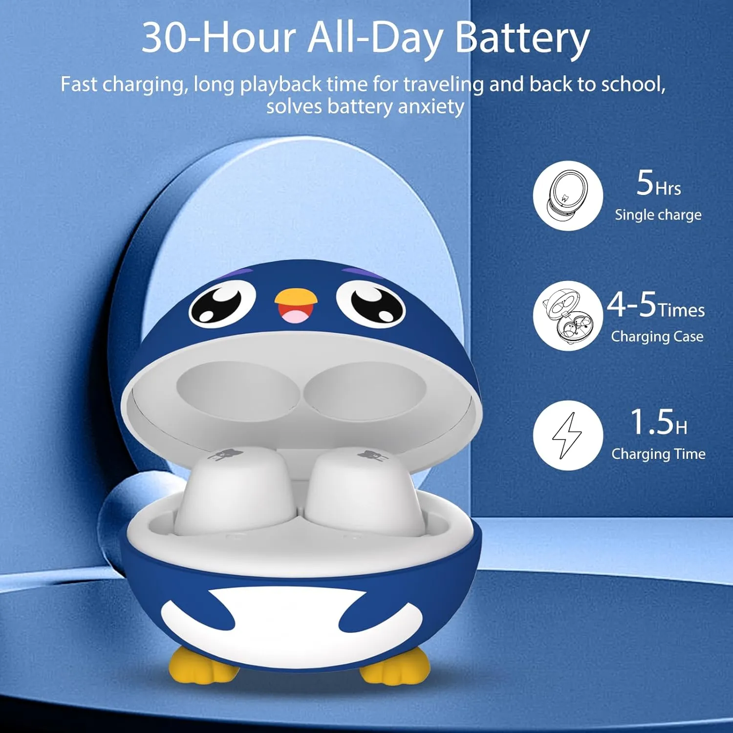 Penguins Kids Bluetooth Headphones with Mic, 85dB Volume Limited, 30Hrs Playtime, Waterproof, Touch Control, Wireless Earbuds for Small Ears, School/Tablet