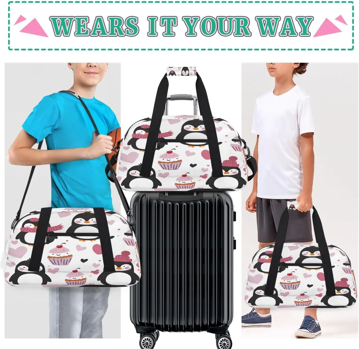 Penguins Kids Overnighter Duffel Bags for Boys, Carry-On Size Sports Gym Bag with Front Zipper Pocket for School Practice or Overnight Travel Weekender Sleepover Tote Bag