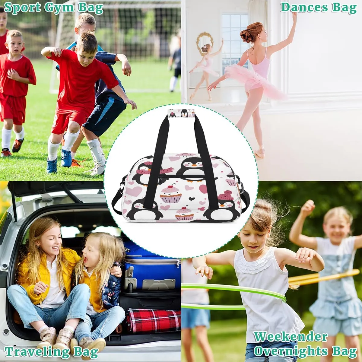 Penguins Kids Overnighter Duffel Bags for Boys, Carry-On Size Sports Gym Bag with Front Zipper Pocket for School Practice or Overnight Travel Weekender Sleepover Tote Bag