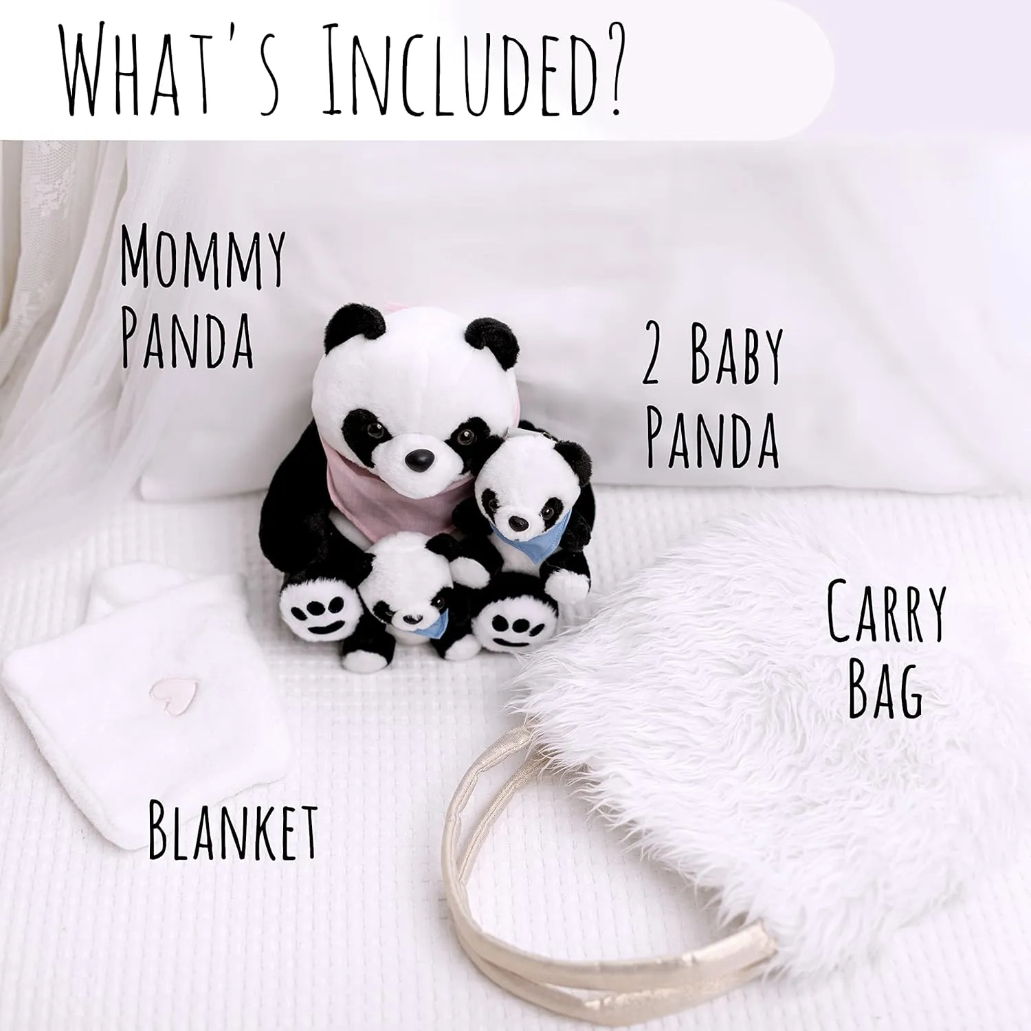 Perfectto Design Panda Stuffed Animal Bear Plush Toy for Girls 5 PCS Set - Mommy, 2 Babies, Bag, Blanket stuffies 3 4 5 Year Old Girl, Little Girls Birthday, Christmas Age 3-9