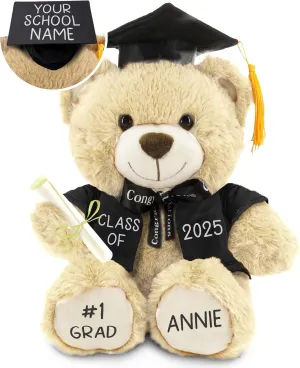 Personalized Graduation Teddy Bear Gift 2025 for Her Him, College, High School, 12 Inch - Cute Custom Beige Bear with Black Gown Add Your Name and Year on The Feet