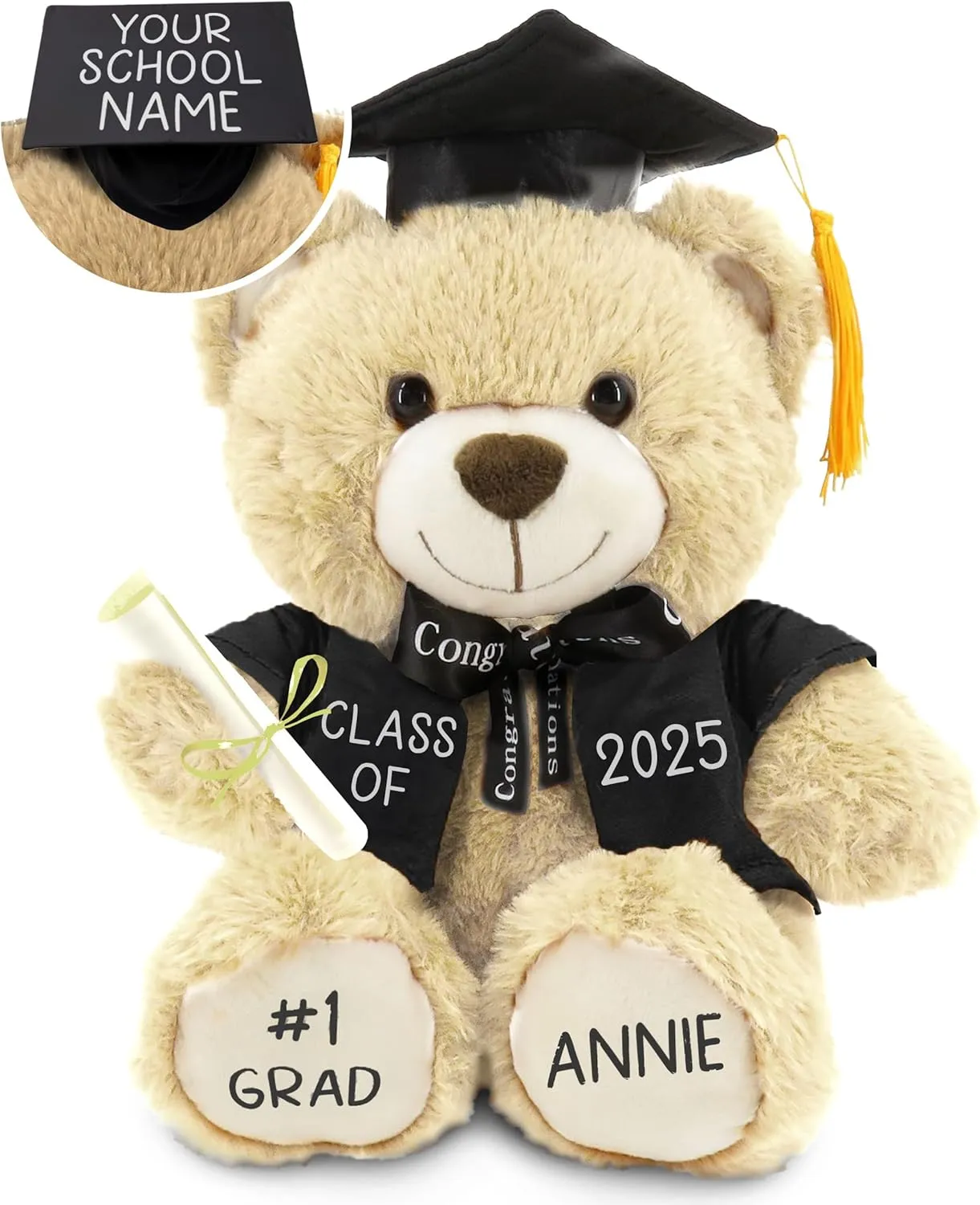 Personalized Graduation Teddy Bear Gift 2025 for Her Him, College, High School, 12 Inch - Cute Custom Beige Bear with Black Gown Add Your Name and Year on The Feet