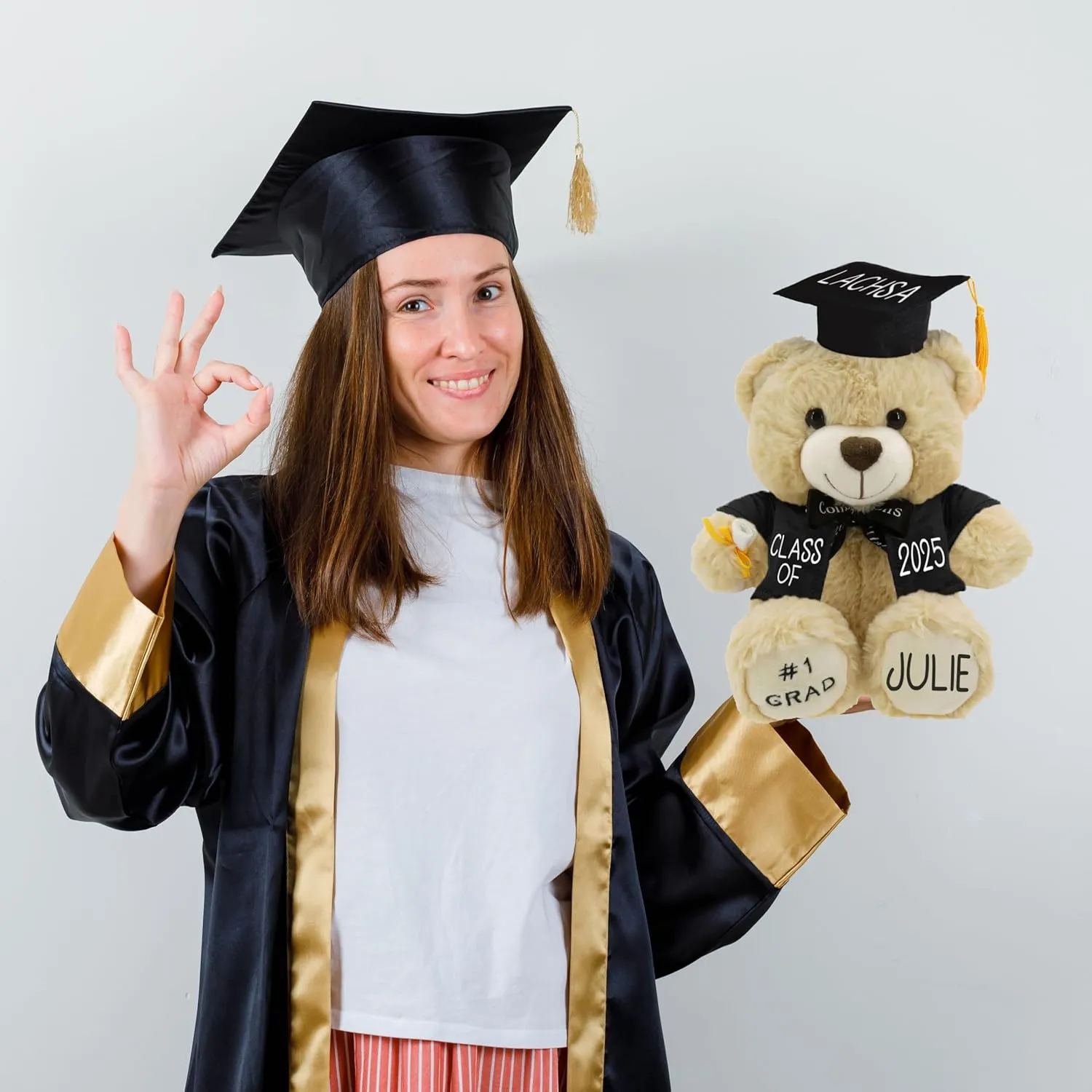Personalized Graduation Teddy Bear Gift 2025 for Her Him, College, High School, 12 Inch - Cute Custom Beige Bear with Blue Gown Add Your Name and Year on The Feet
