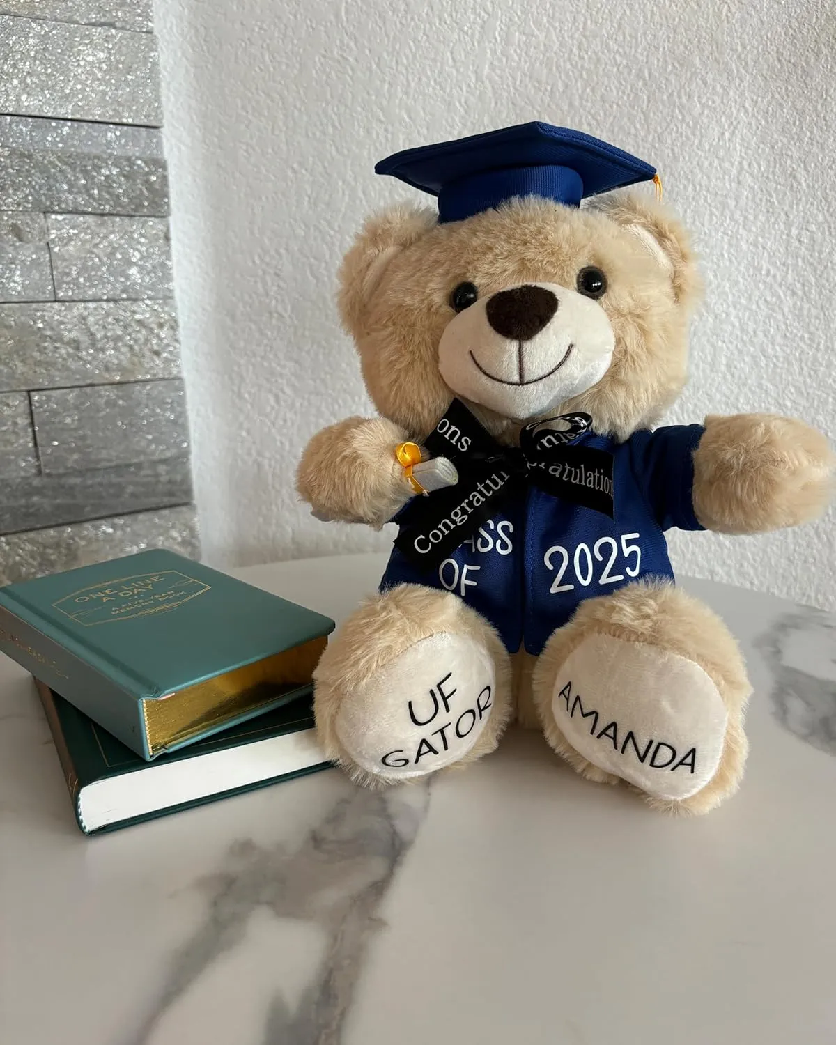 Personalized Graduation Teddy Bear Gift 2025 for Her Him, College, High School, 12 Inch - Cute Custom Beige Bear with Blue Gown Add Your Name and Year on The Feet