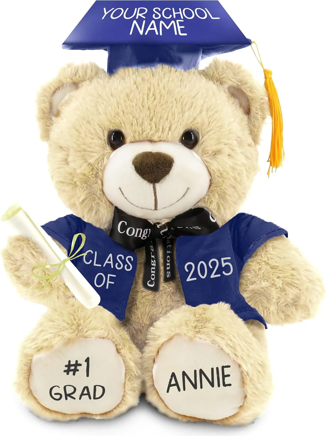 Personalized Graduation Teddy Bear Gift 2025 for Her Him, College, High School, 12 Inch - Cute Custom Beige Bear with Blue Gown Add Your Name and Year on The Feet