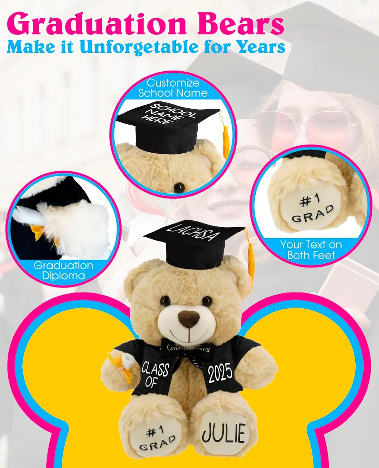 Personalized Graduation Teddy Bear Gift 2025 for Her Him, College, High School, 12 Inch - Cute Custom Beige Bear with Blue Gown Add Your Name and Year on The Feet