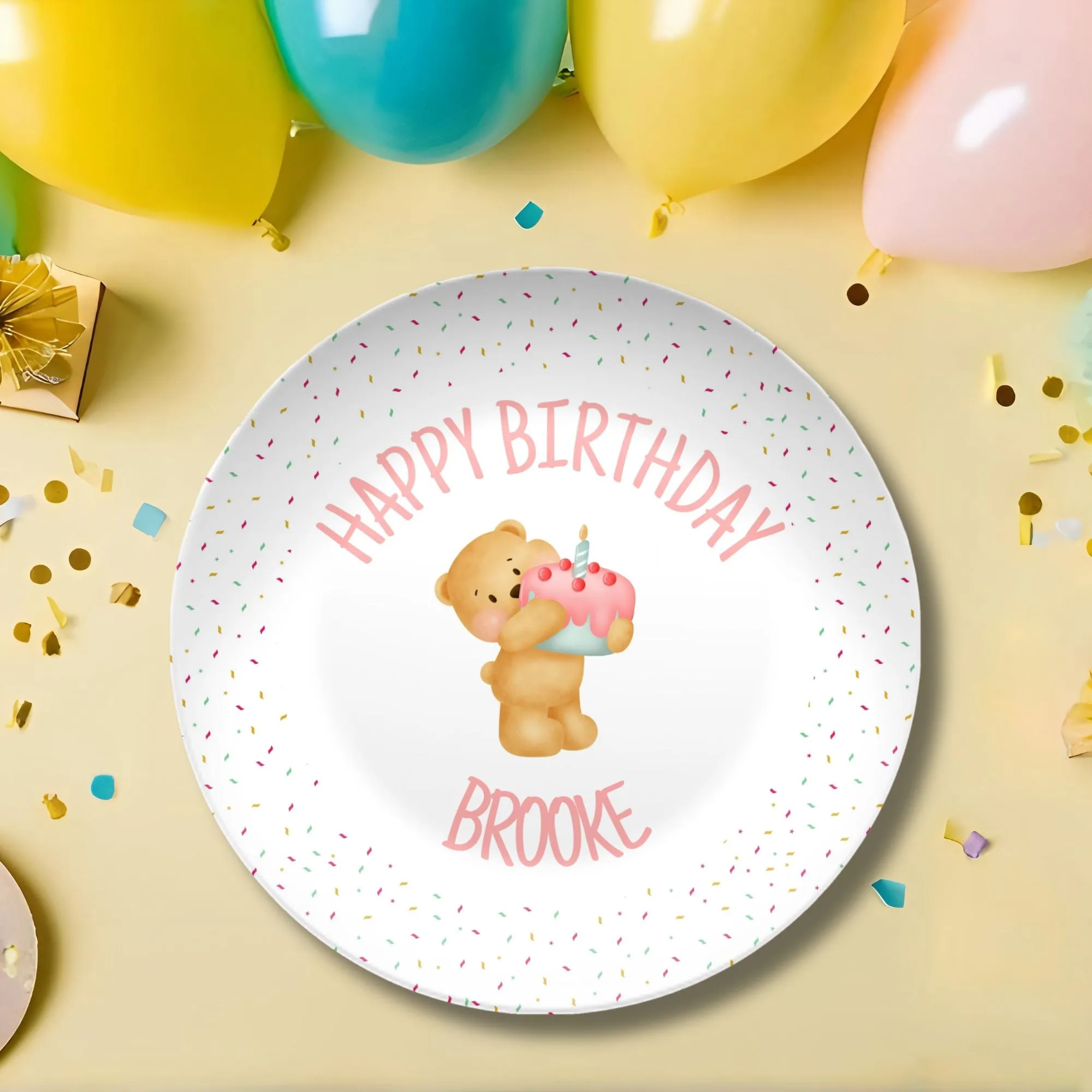 Personalized Unbreakable Smash Cake Plate for Birthday - Pink Bear Confetti -  Dishwasher & Microwave Safe - Custom 1st Birthday Smash Cake Plate
