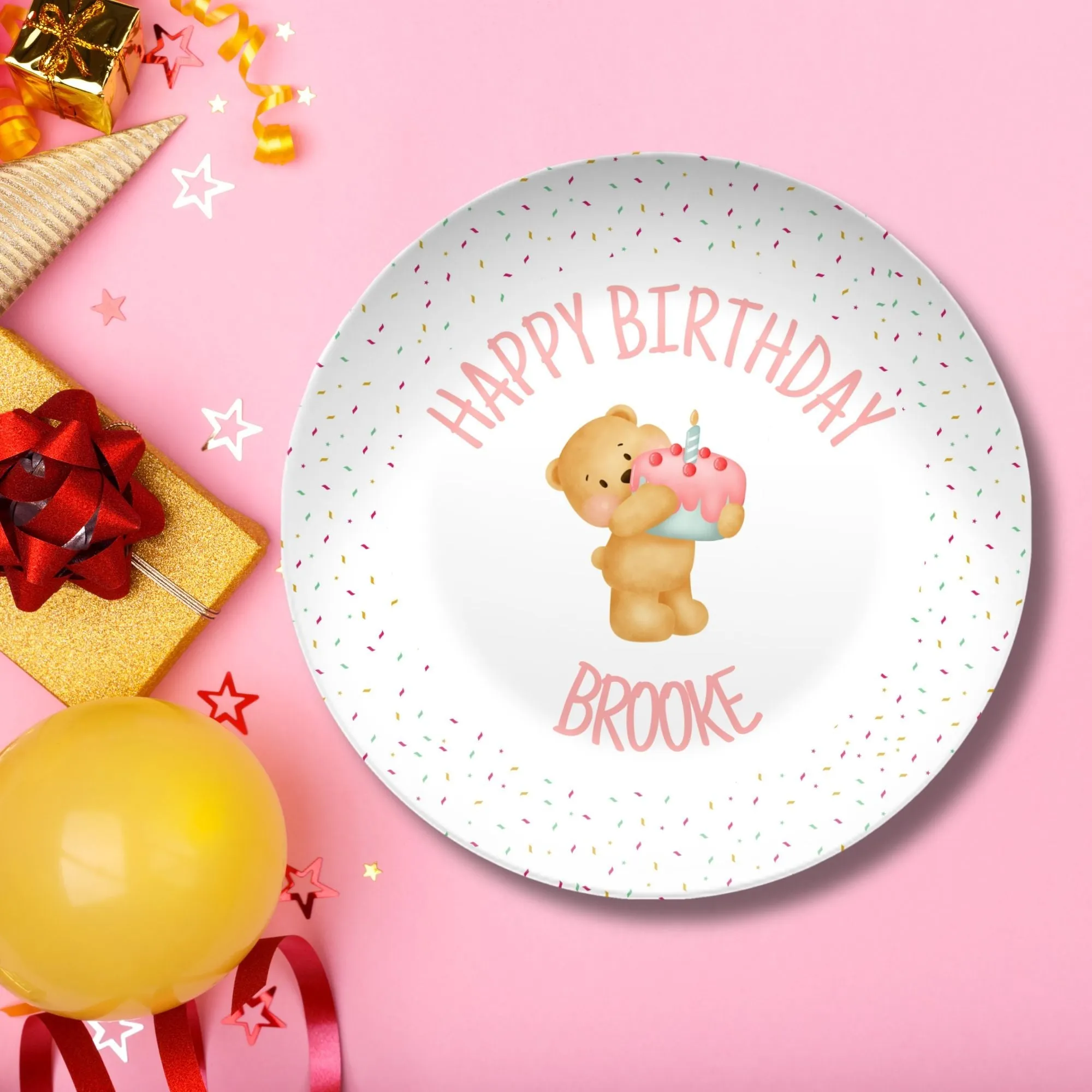 Personalized Unbreakable Smash Cake Plate for Birthday - Pink Bear Confetti -  Dishwasher & Microwave Safe - Custom 1st Birthday Smash Cake Plate