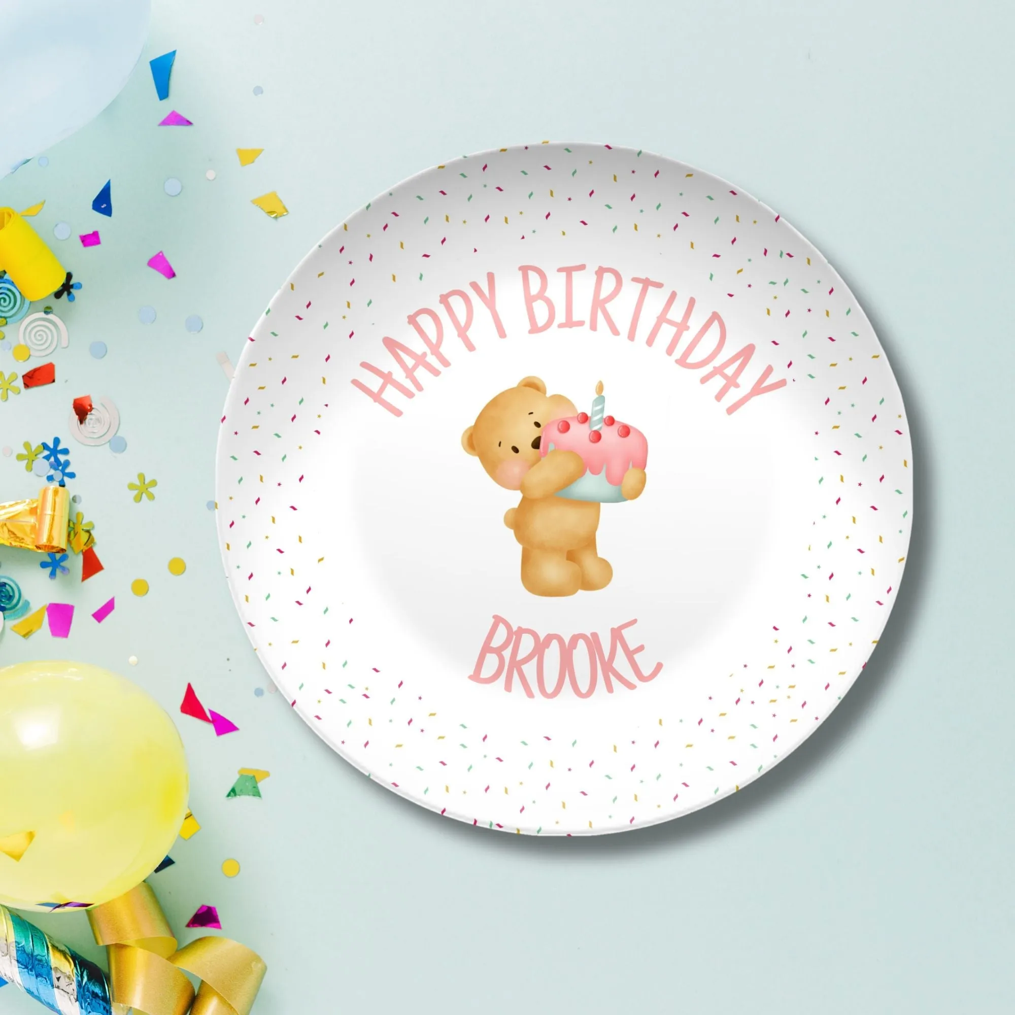 Personalized Unbreakable Smash Cake Plate for Birthday - Pink Bear Confetti -  Dishwasher & Microwave Safe - Custom 1st Birthday Smash Cake Plate