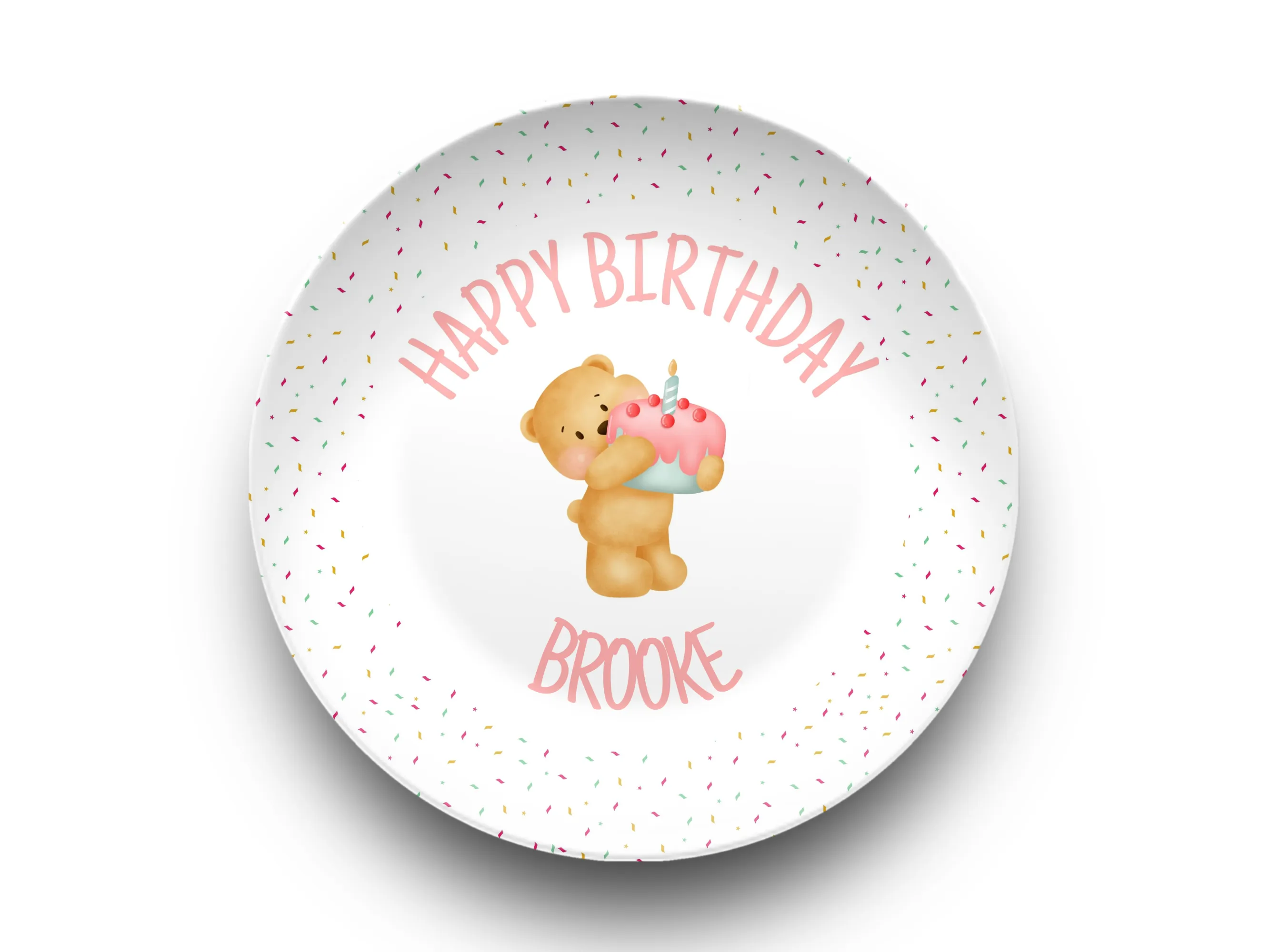 Personalized Unbreakable Smash Cake Plate for Birthday - Pink Bear Confetti -  Dishwasher & Microwave Safe - Custom 1st Birthday Smash Cake Plate