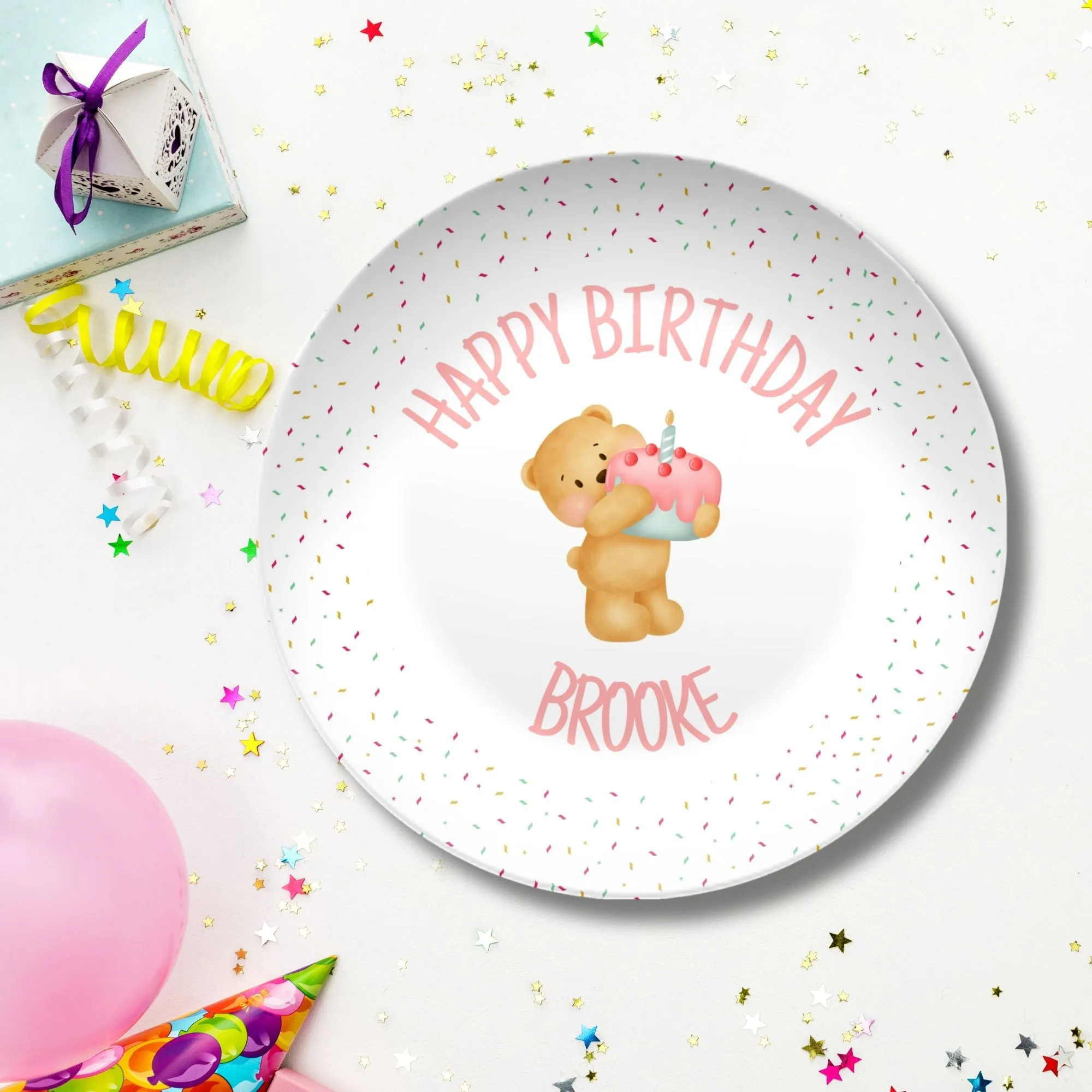 Personalized Unbreakable Smash Cake Plate for Birthday - Pink Bear Confetti -  Dishwasher & Microwave Safe - Custom 1st Birthday Smash Cake Plate