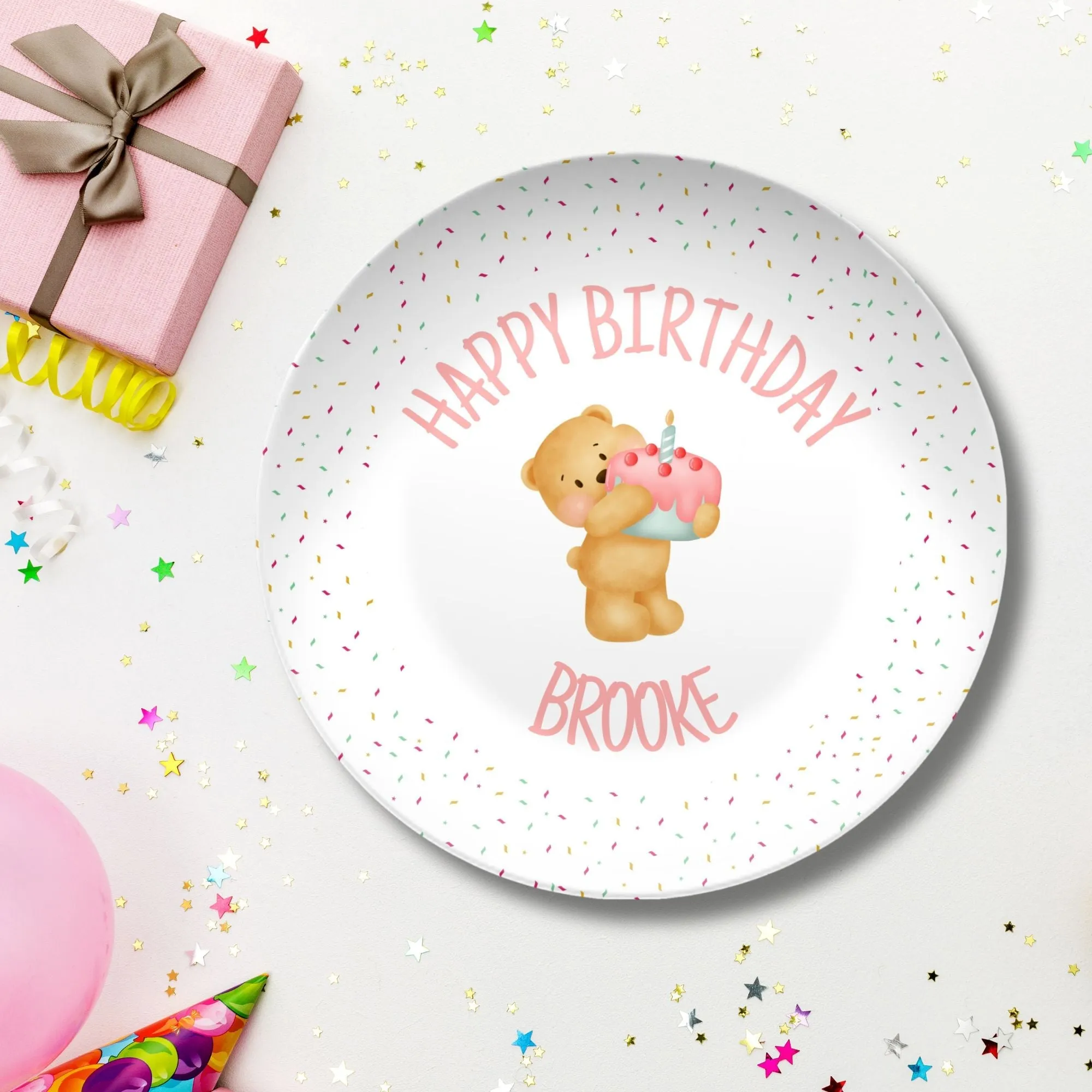Personalized Unbreakable Smash Cake Plate for Birthday - Pink Bear Confetti -  Dishwasher & Microwave Safe - Custom 1st Birthday Smash Cake Plate